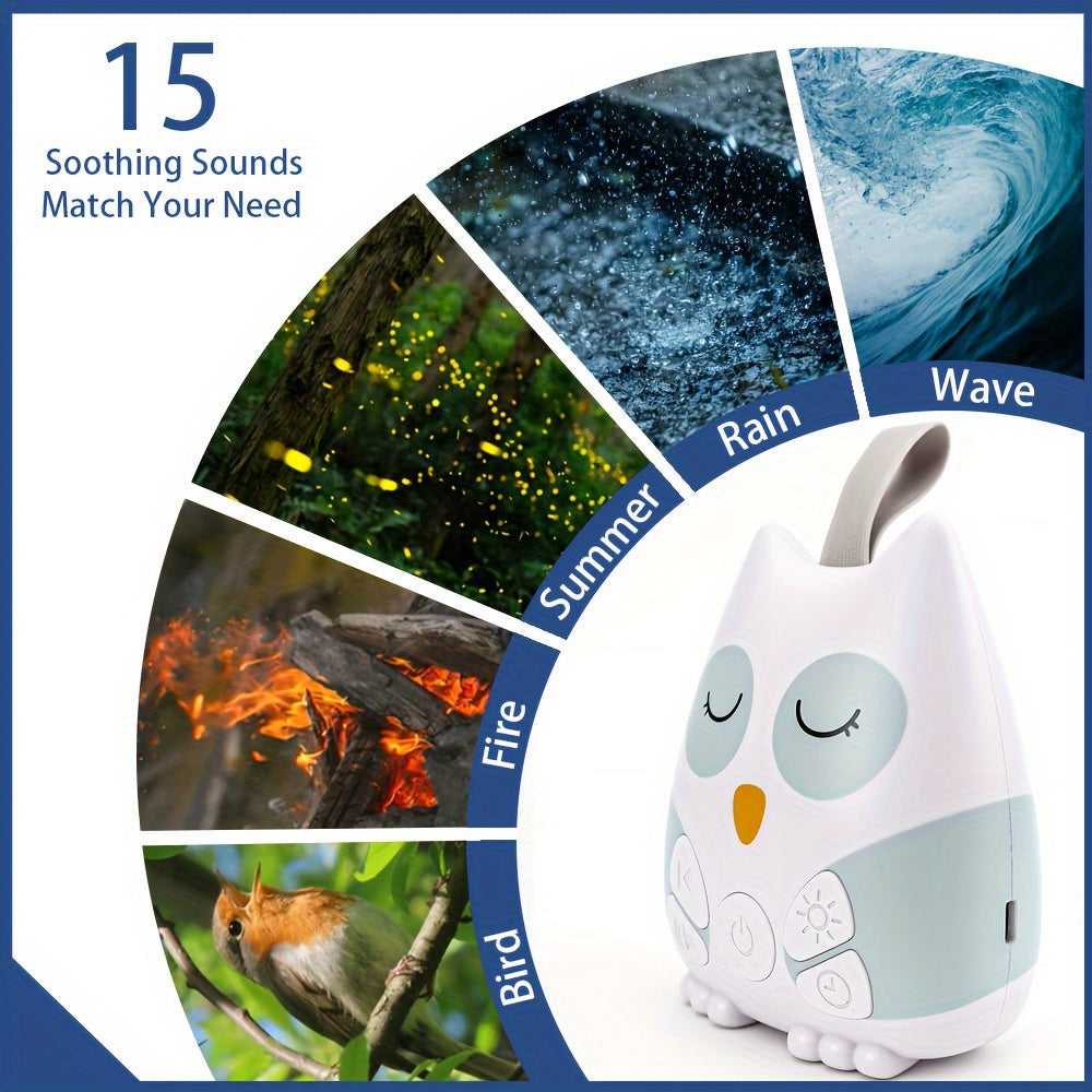 Oplaadbare Witte Ruis Machine met Nachtlampje voor Baby's, Kinderen en Volwassenen - Draagbare Uil Slaaphulp met 15 Geluiden - Ideaal voor Thuis, Kantoor en Reizen