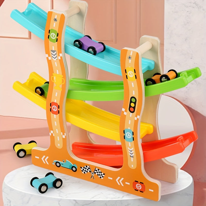 Houten Racebaan Set met Glijauto's | Educatief Speelgoed voor Ruimtelijk Inzicht & Oog-Hand Coördinatie Training Kerstcadeau voor 3+ Jaar