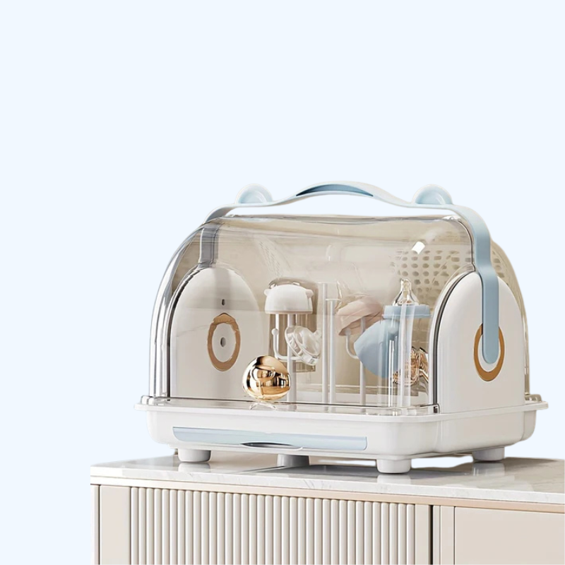 Opbergdoos voor op het bureau met deksel | Stofbestendig flessenrek met afvoer voor babyservies