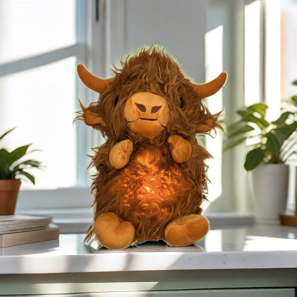 Hoogland Koe Knuffel | Ademend Pluche Voor Stressverlichting | Muziek & Realistische Beweging | Cute Pluche Speelgoed 3+