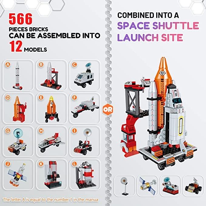 12-in-1 Ruimte Shuttle Bouwen Kit | STEM Speelgoed voor 6-12 Jaar Oud | Inclusief Vrachtwagen, Raketlanceerder, 566 Stukken