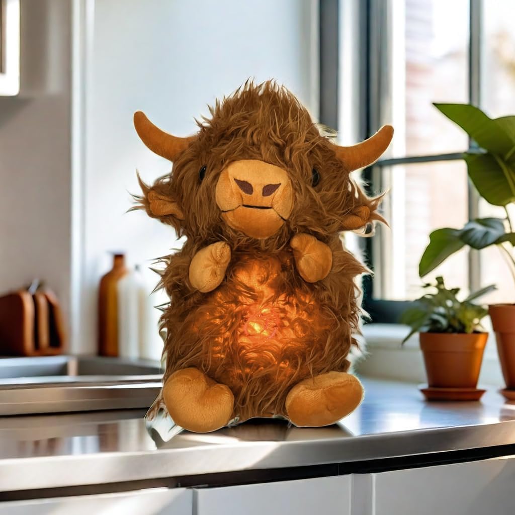 Hoogland Koe Knuffel | Ademend Pluche Voor Stressverlichting | Muziek & Realistische Beweging | Cute Pluche Speelgoed 3+