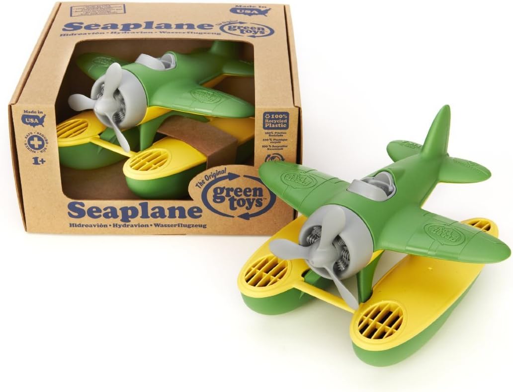 Watervliegtuig in Groene Kleur BPA-vrij, ftalaten-vrij vliegtuigje voor kinderen met draaiende propeller en draagbare pontons (9 x 9,5 x 6 inch) | Verbeter de pincetgreep