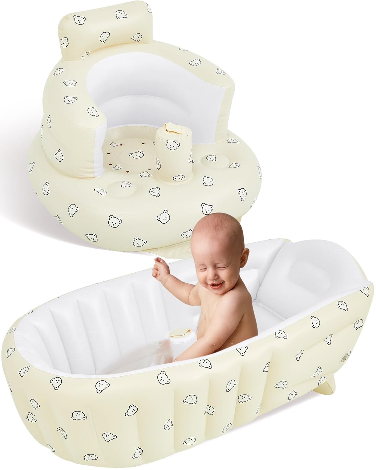 2 Stuks Opblaasbare Baby Zitje en Badkuip | Draagbare Reis Douchebakje Rugsteun Sofa met Ingebouwde Luchtpomp voor Baby's van 3-36 Maanden
