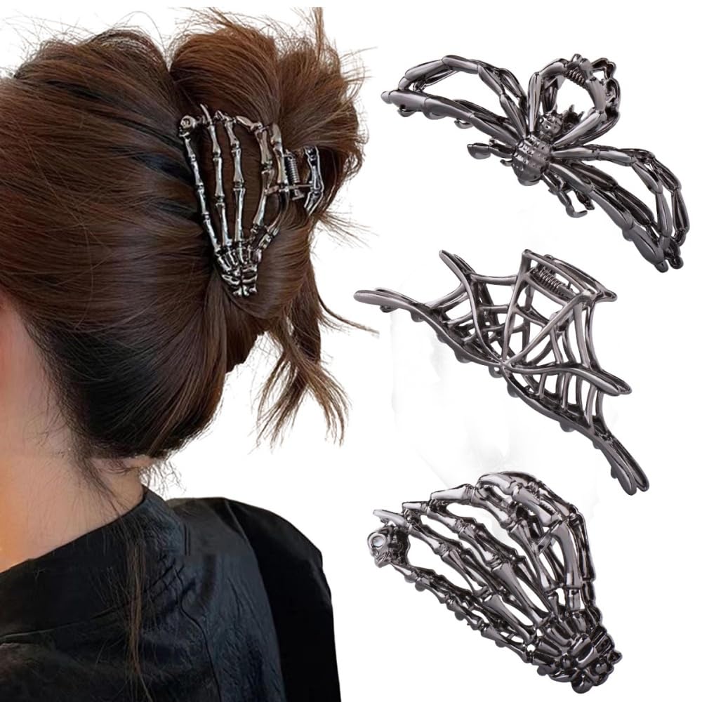 3 stuks spinnenweb schedel haarclips | Grote zwarte haaraccessoires