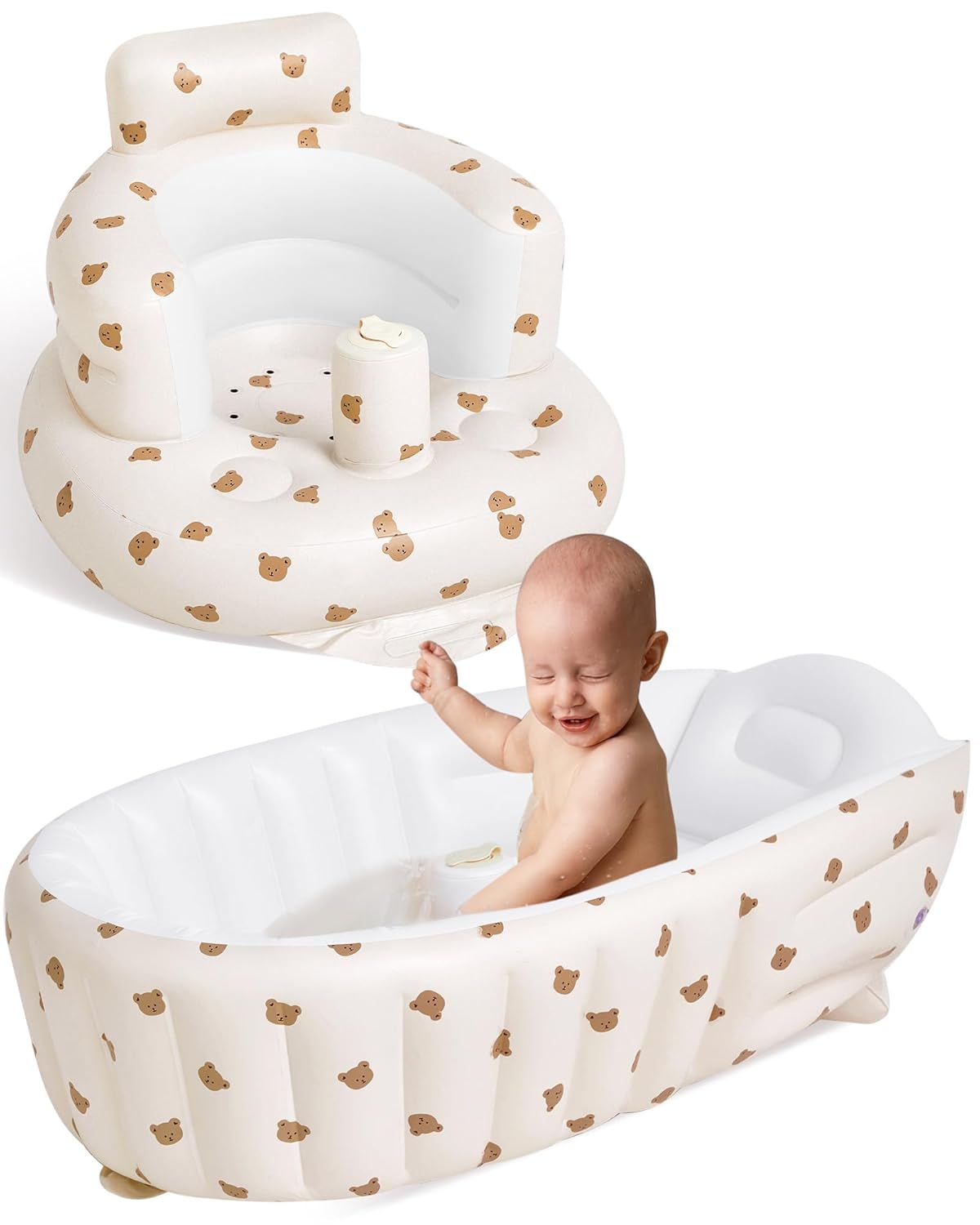 2 Stuks Opblaasbare Baby Zitje en Badkuip | Draagbare Reis Douchebakje Rugsteun Sofa met Ingebouwde Luchtpomp voor Baby's van 3-36 Maanden