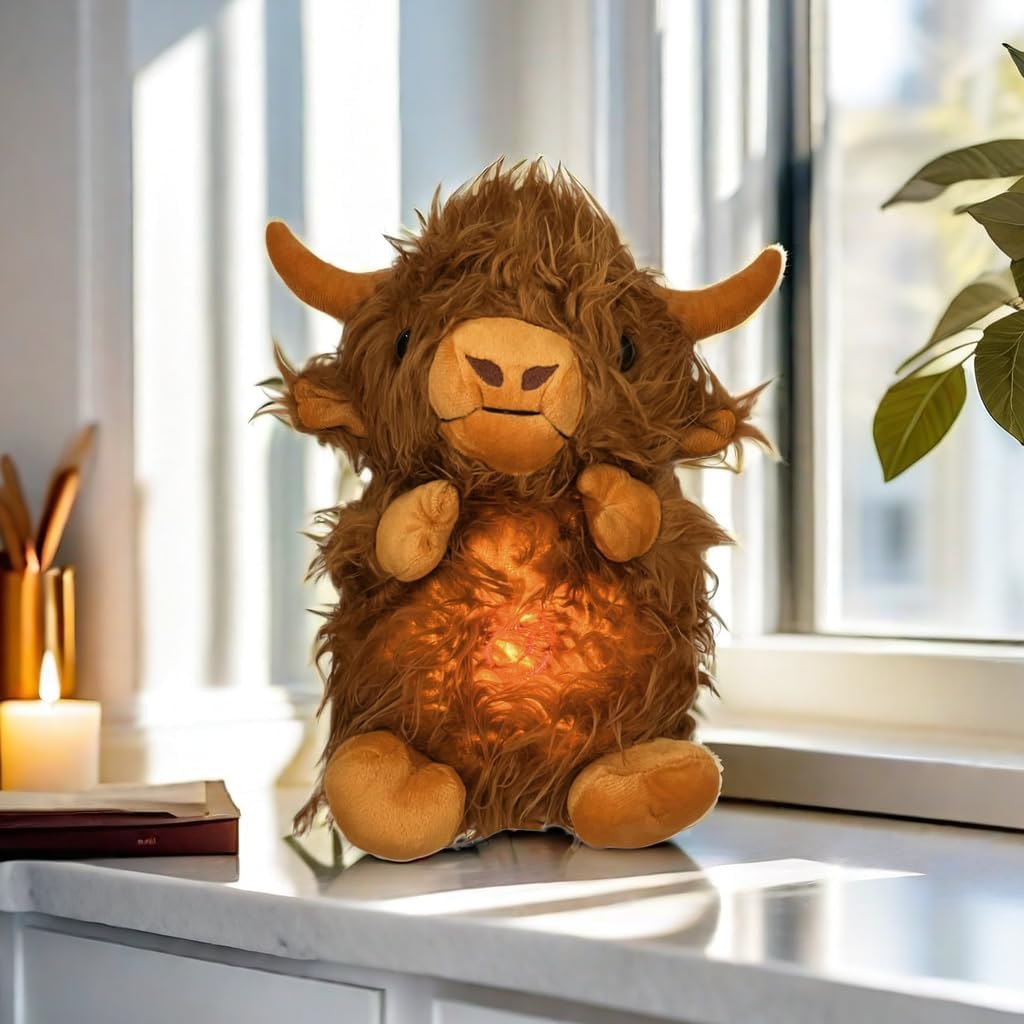 Hoogland Koe Knuffel | Ademend Pluche Voor Stressverlichting | Muziek & Realistische Beweging | Cute Pluche Speelgoed 3+