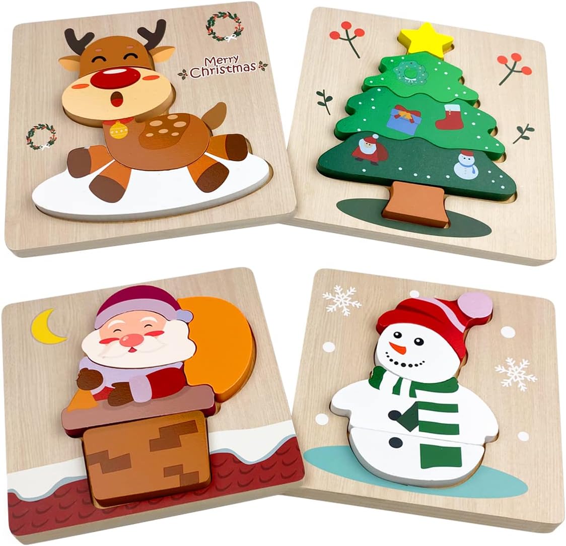 Kerst houten puzzel set | 4 stuks peuter speelgoed