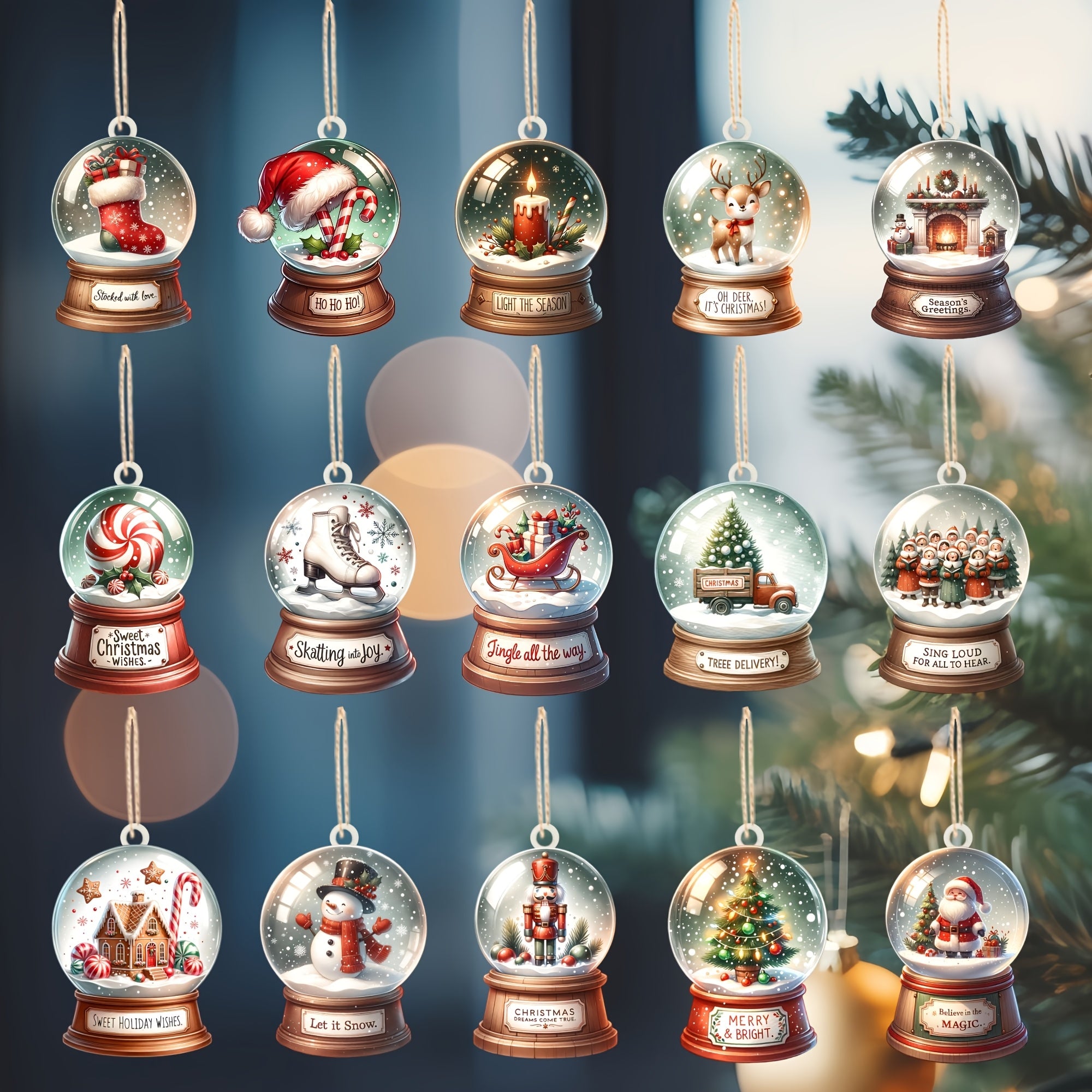 Set van 15 Houten Sneeuwbol Ornamenten - Kerstboom- en Huisdecoratie, Uniek Vakantiecadeau