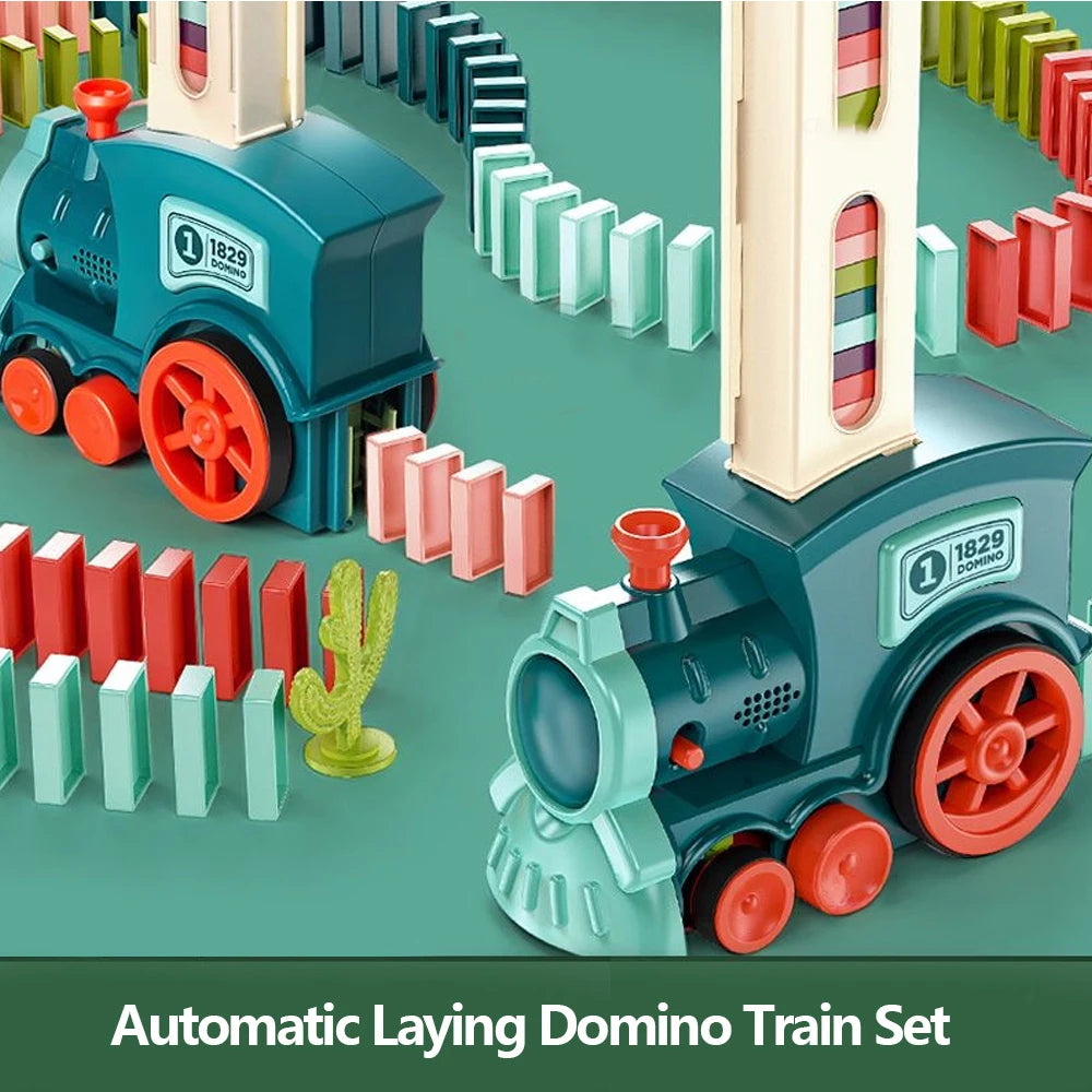 Automatische Domino Trein Speelgoedset voor Kinderen vanaf 3 Jaar - Educatief Speelgoed met Licht en Geluid voor Jongens en Meisjes - 63 Stuks Blokken voor Peuters en Kleuters