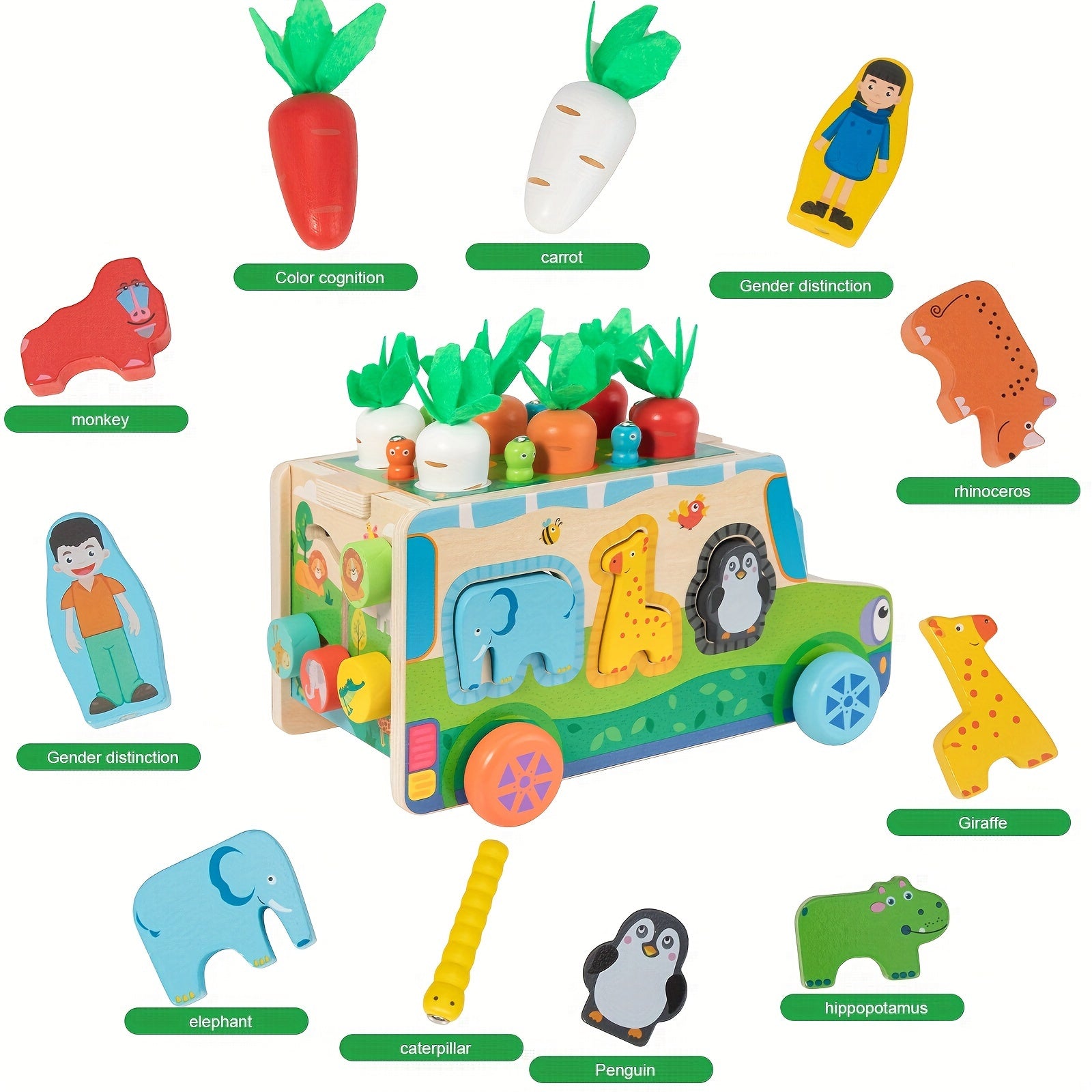 Houten Sorteer- en Stapelset | Carrots en Dieren Speelgoed voor Baby’s (0-3 Jaar)