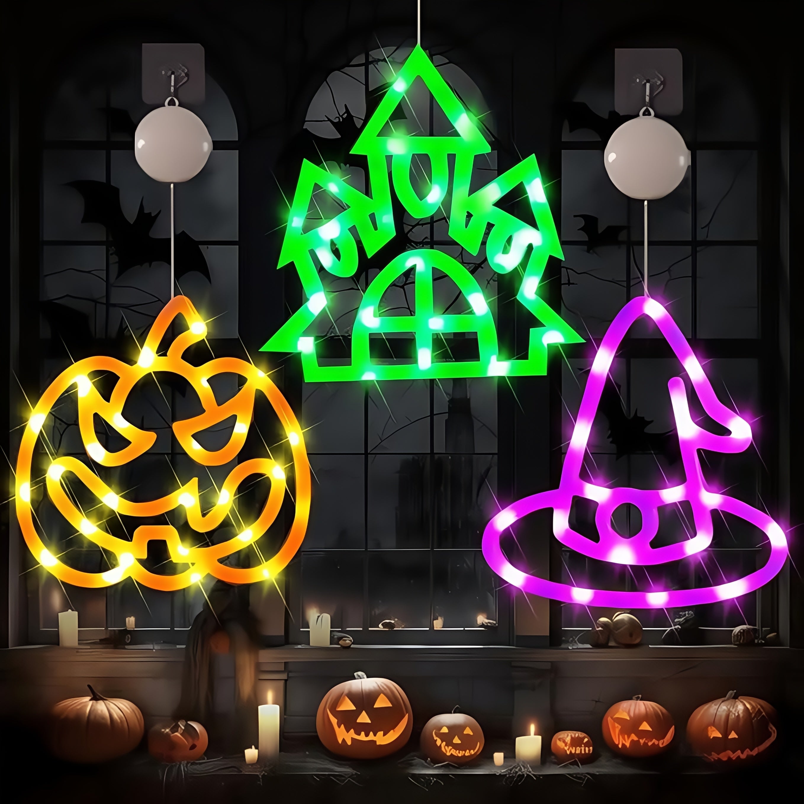 3 stuks Halloween LED lichtsnoer | Pompoen, huis & hoed decoratie, batterijen aangedreven