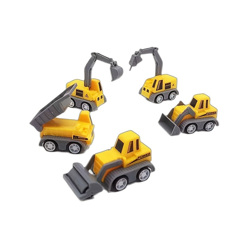 A set van 6 miniatuur bouwvoertuigen speelgoedsets, met handvat en gele kraan, graafmachine en truckmodellen – perfect als kerstcadeau, feestverrassing of taartdecoratie