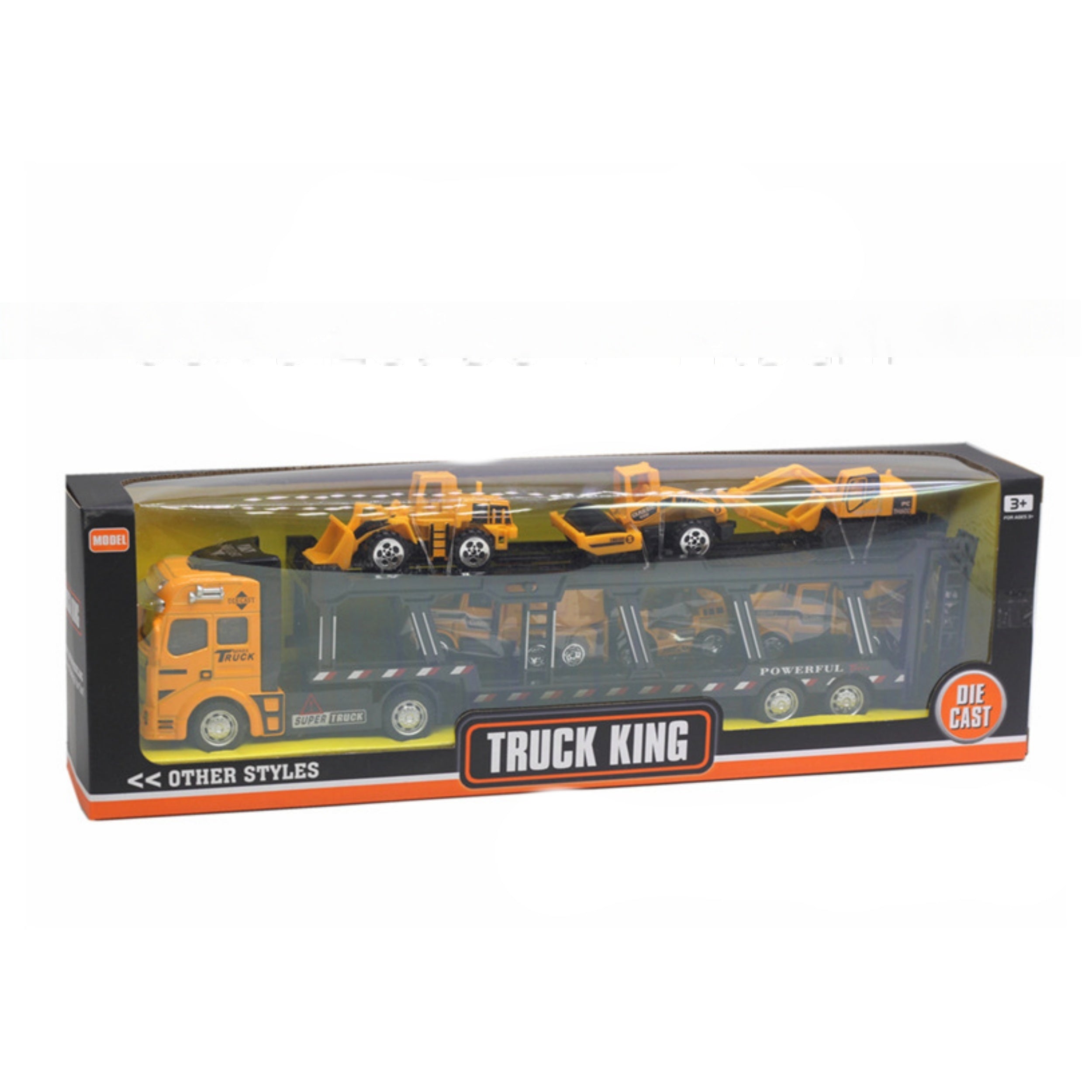32cm Die-Cast Truck Set | 1x Vrachtwagen + 6 Mini Bouwvoertuigen | Vanaf 3 Jaar