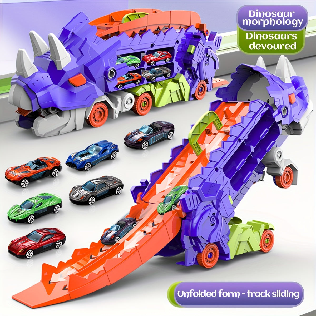 Triceratops Transport Truck 3-in-1 Speelset | Transformeerbaar Spoorweg-Lanceervoertuig | Inclusief Meerdere Metaalauto’s | Voor 3+ Jaar | Paars & Groen