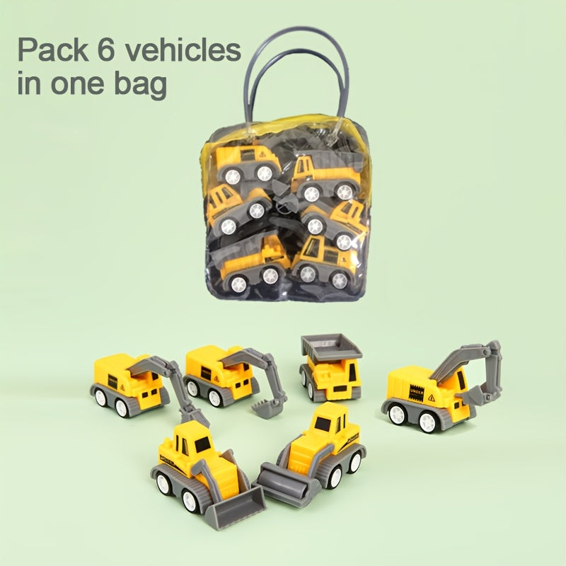 A set van 6 miniatuur bouwvoertuigen speelgoedsets, met handvat en gele kraan, graafmachine en truckmodellen – perfect als kerstcadeau, feestverrassing of taartdecoratie