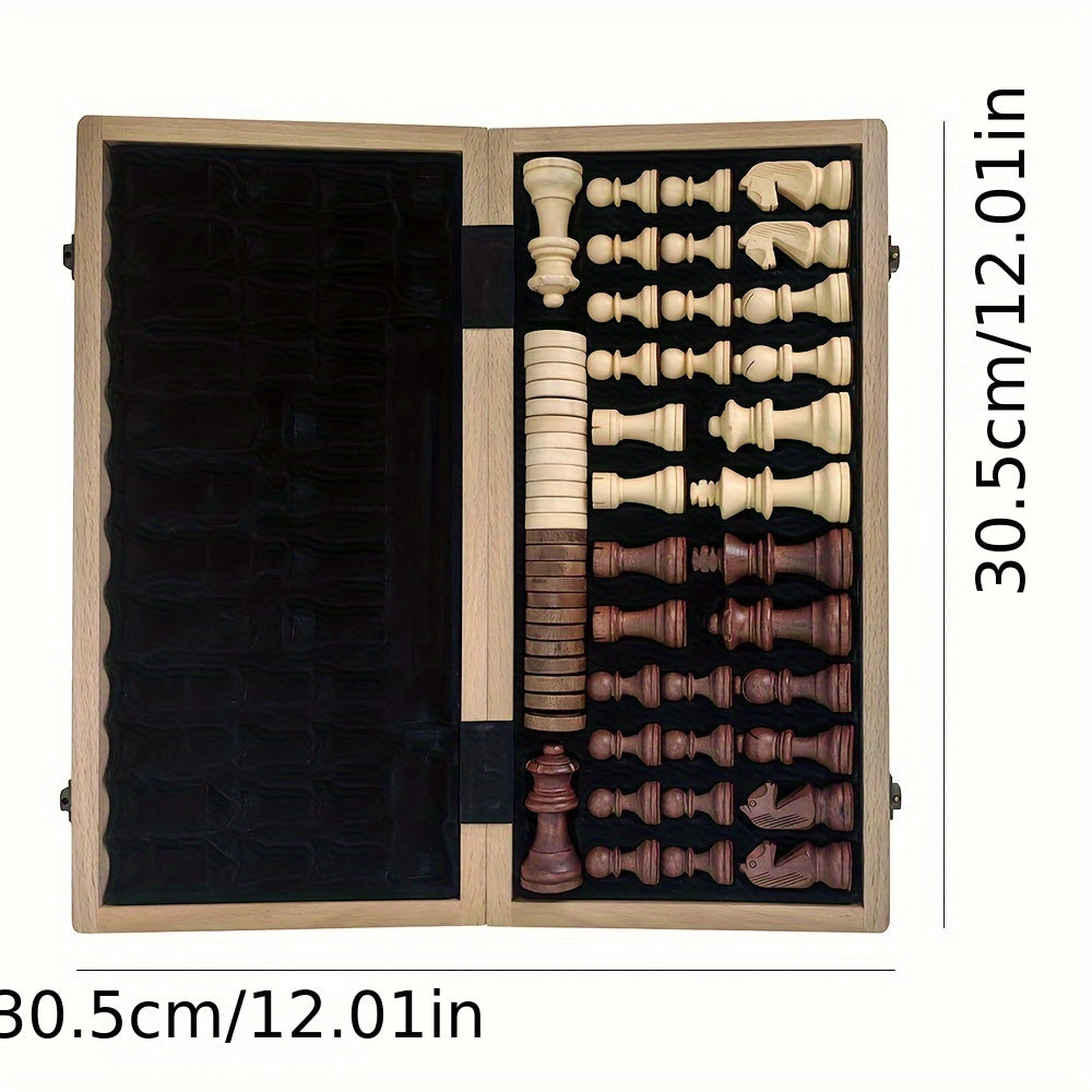 30.5 cm Groot Houten Schaak- en Damspel – Opvouwbaar Strategie Bordspel met Luxe Opbergdoos