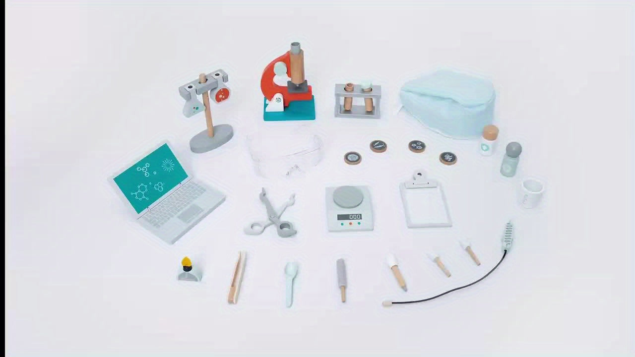 29-delige Houten Wetenschapper Set | STEM Educatief Speelgoed met Laptop, Microscoop & Bekers