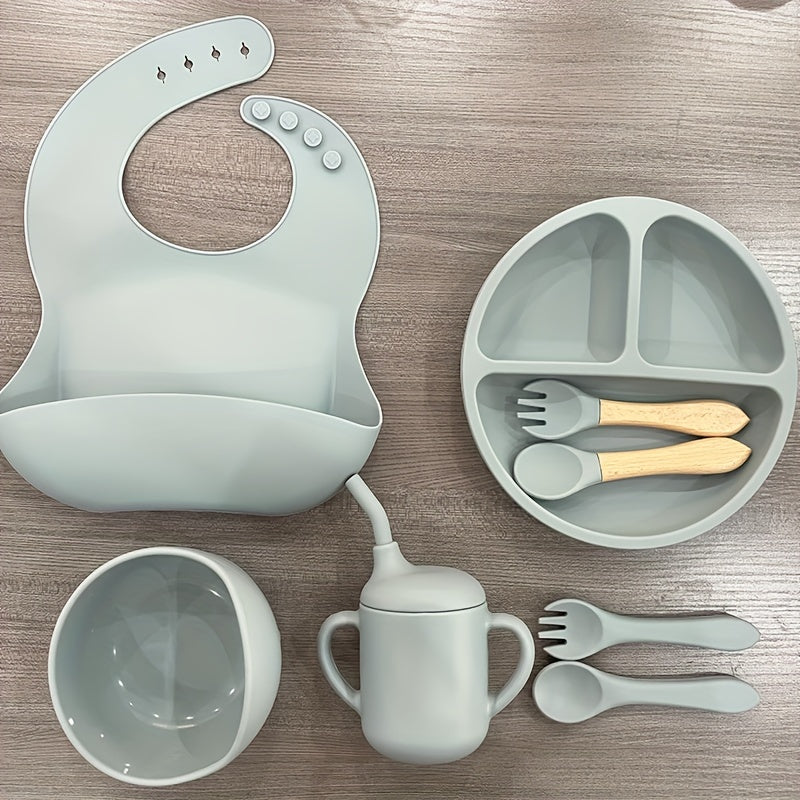 Silicone Baby Eetset | Magnetron- & Ovenbestendig | Voor 0-3 Jaar | Inclusief Zuigplaat, Kom, Bestek, Verstelbare Slab & Snackbeker