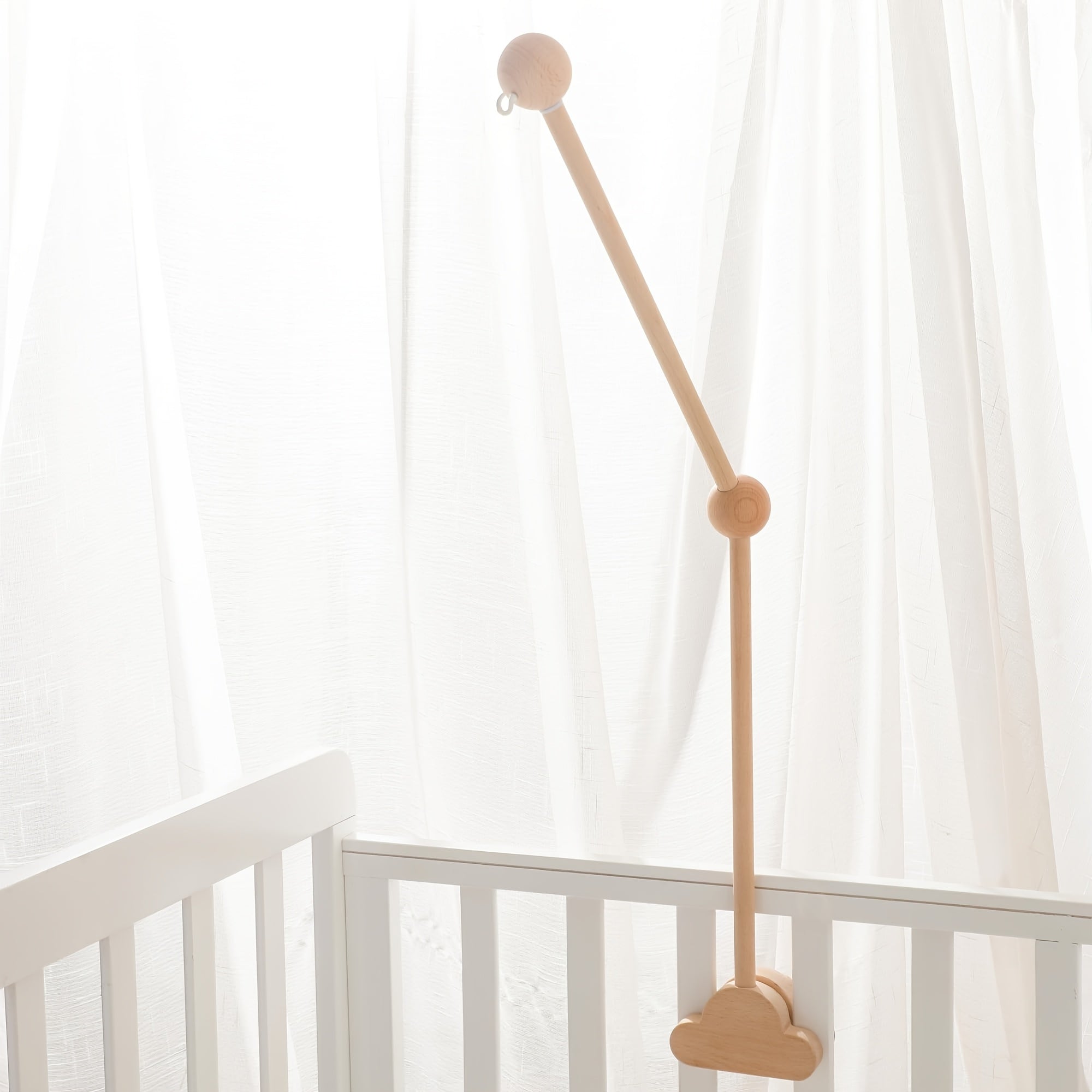 Verstelbare Houten Wolken Babybed Mobiele Arm Houder | Licht Geel, Verwijderbaar Babybed Accessoire zonder Batterij