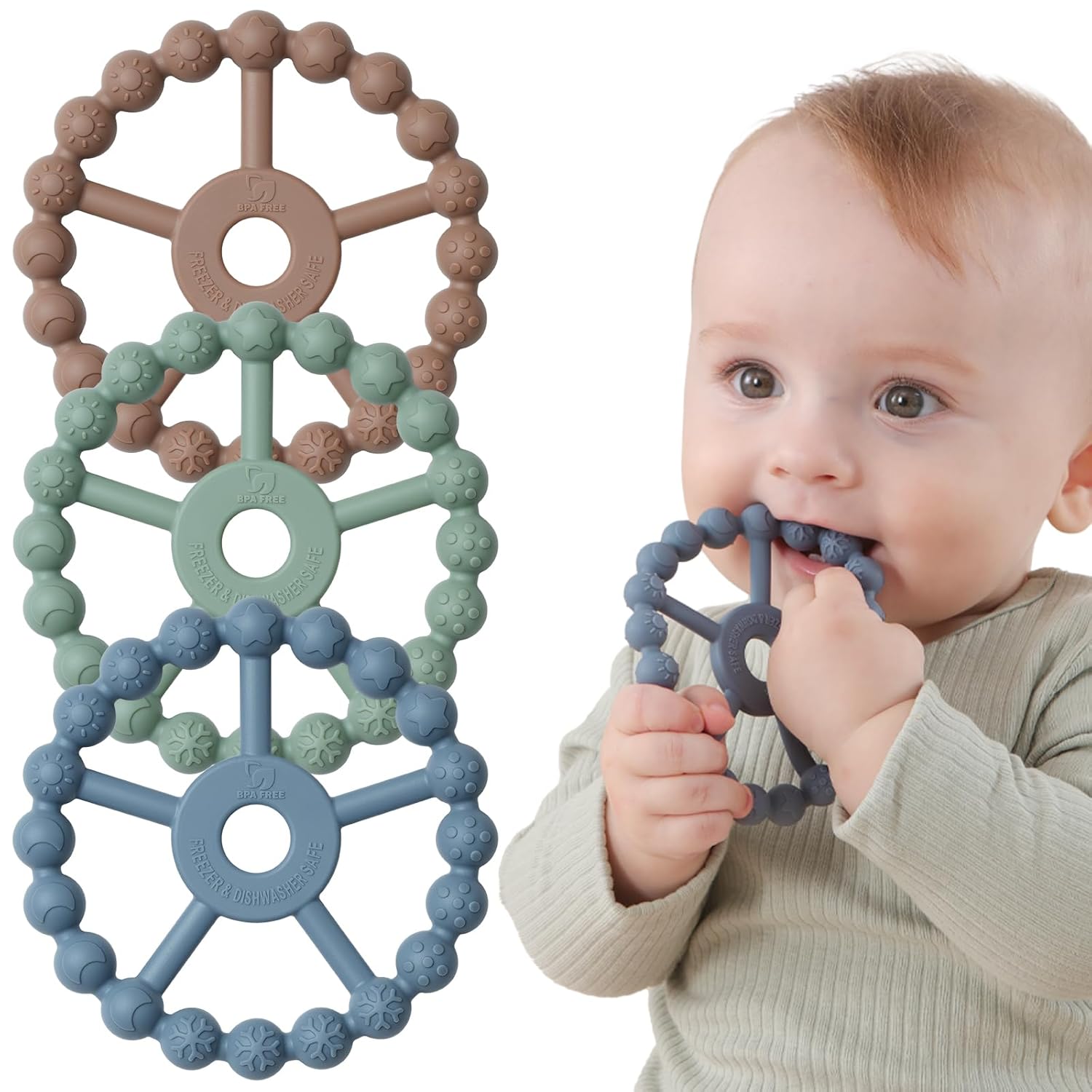 3 Stuks Siliconen Bijtringen voor Baby's van 0-24 Maanden - Zacht Bijtspeelgoed met 5 Texturen voor Jongens en Meisjes - Pijnverlichting bij Doorkomende Tandjes