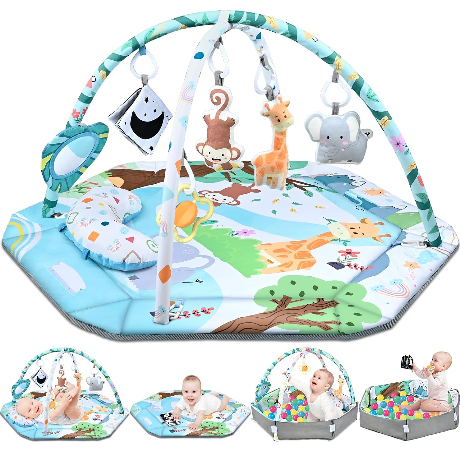 8-in-1 Buiktijd Speelkleed & Ballenbak met 6 Speeltjes | Baby Gym Speelmat Wasbaar Baby Activiteit voor Visuele, Gehoor-, Sensorische, Motorische Ontwikkeling, Cadeau voor Peuters