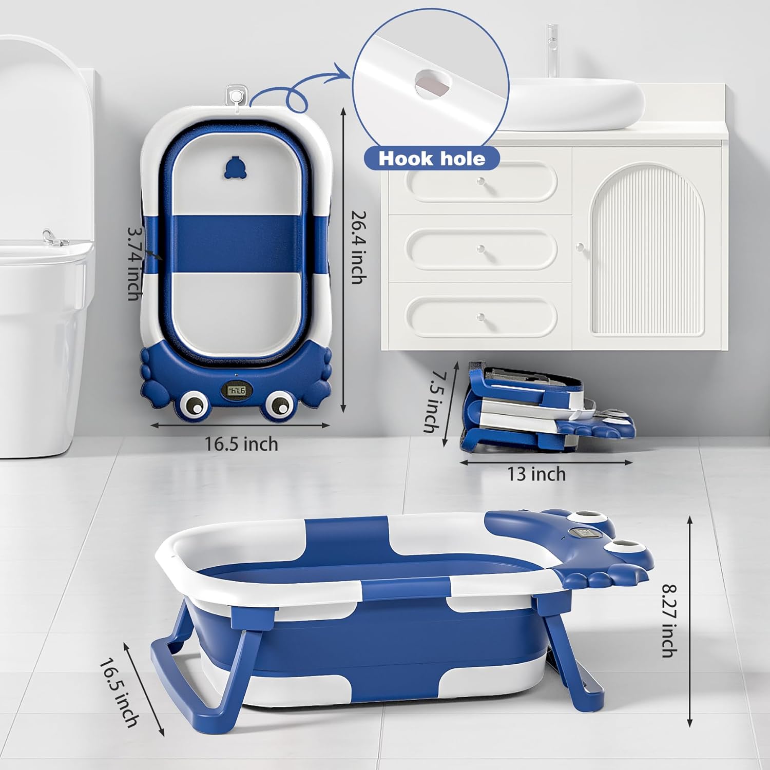 Inklapbaar babybad met thermometer | draagbaar opvouwbaar reisbad 0-36 maanden