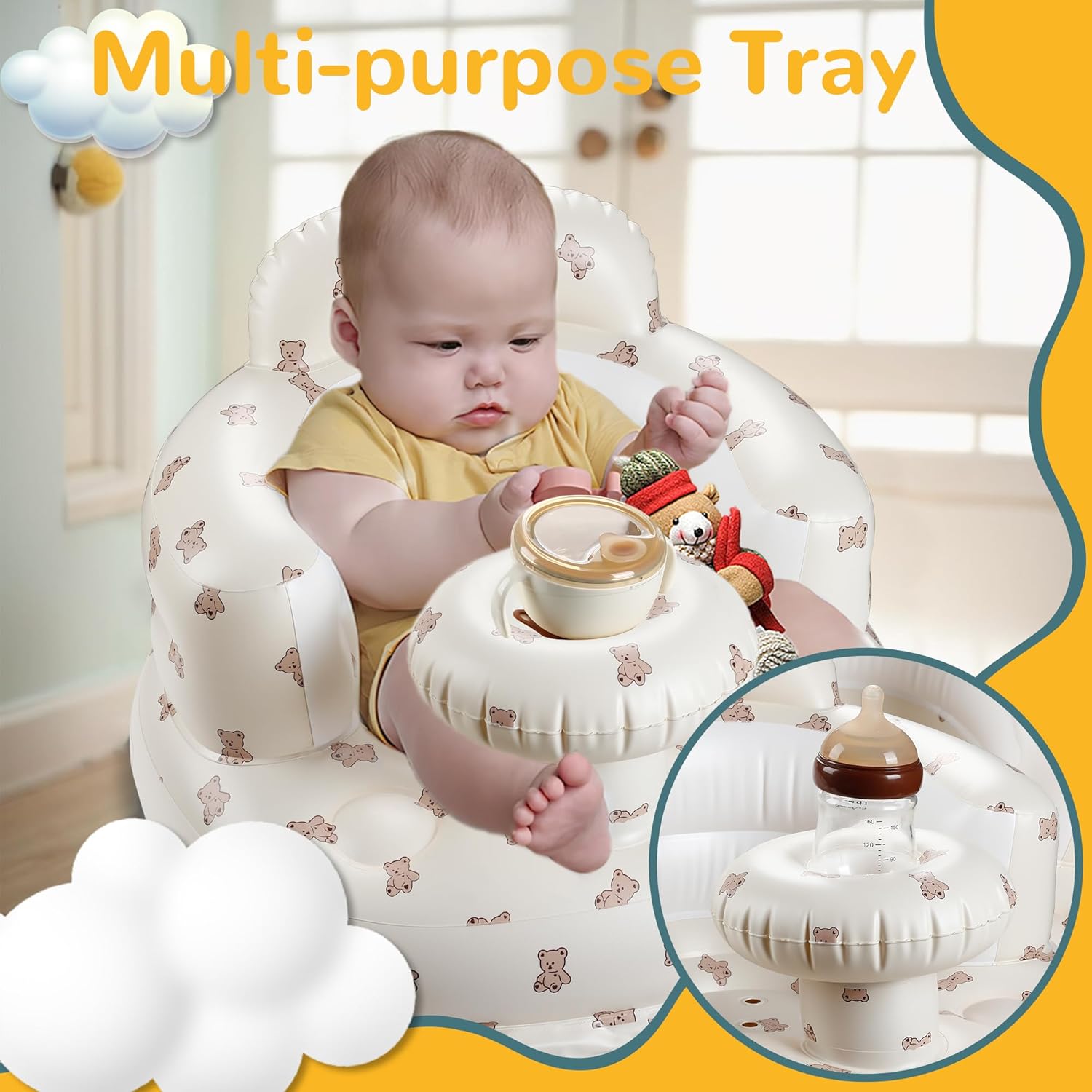 Opblaasbare Vloer Baby Zitstoel met Dienblad | Baby Stoel om te Leren Zitten met Ingebouwde Luchtpomp voor Baby's vanaf 3 Maanden