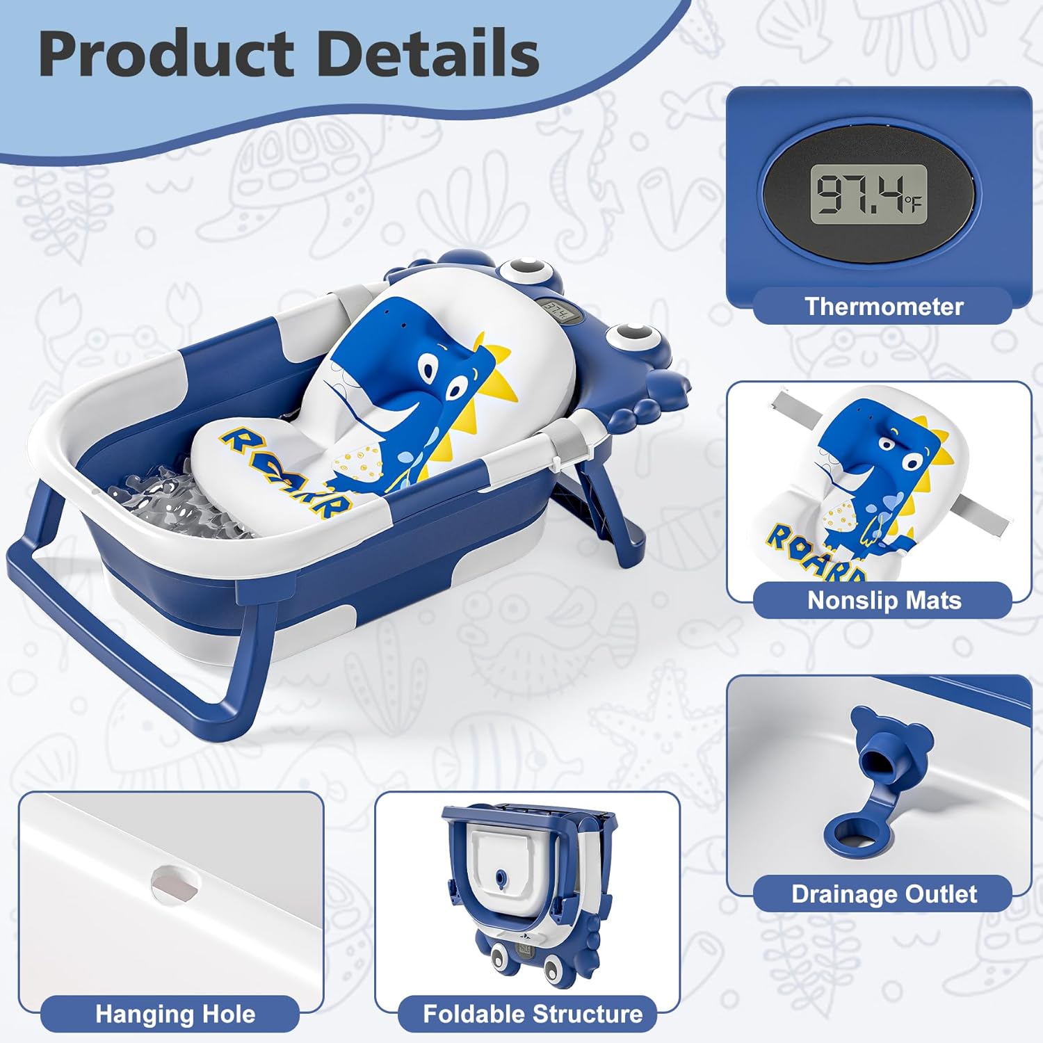 Inklapbaar babybad met thermometer | draagbaar opvouwbaar reisbad 0-36 maanden