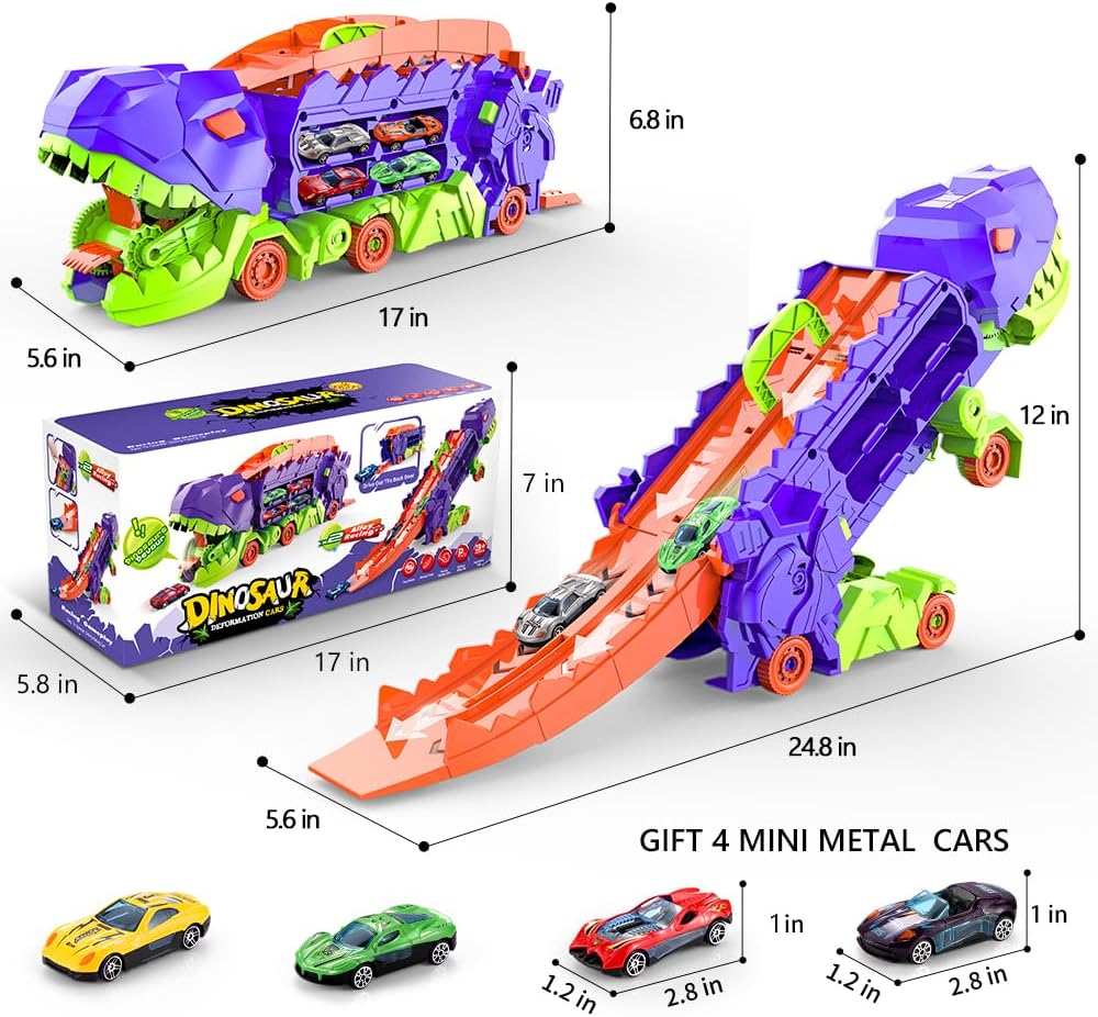Super Transporteur Dino Stad met Racebaan | Transformeerbare Vrachtwagen met Dino Racebaan voor Kinderen van 3 tot 6 Jaar
