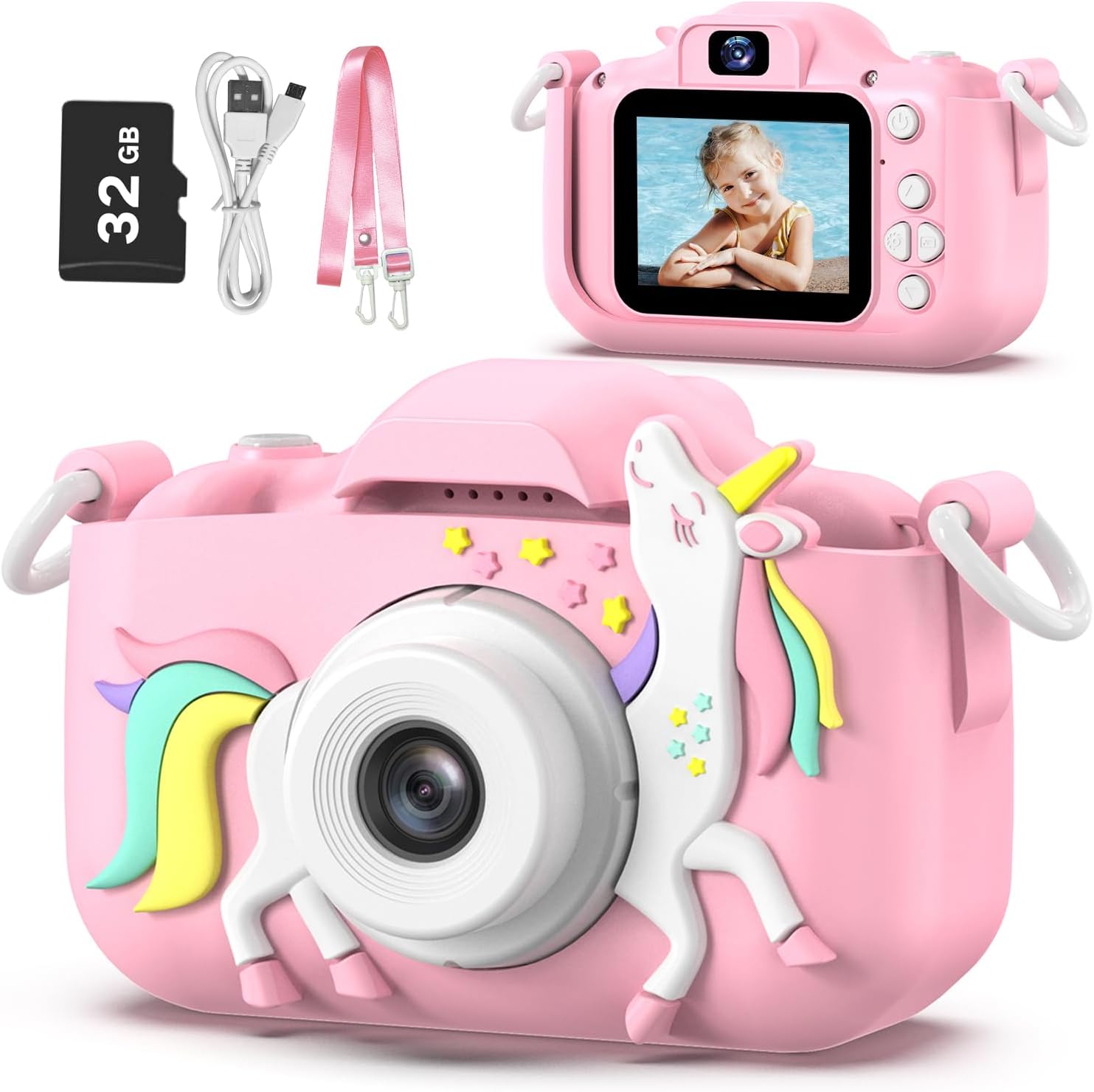 Kindercamera digitaal | Cartoon videocamera met zachte hoes & 32G SD-kaart inbegrepen