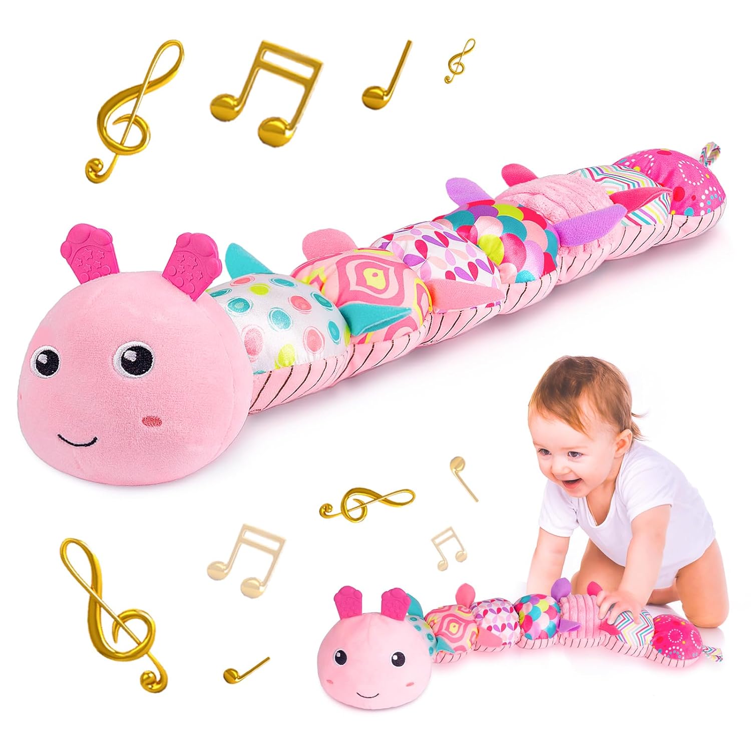 Pluche Musicale Rups voor Baby's | Multi-Sensorisch Activiteit Speelgoed met Kraakgeluiden, Rammelaar en Texturen - Speelmat voor 0-3-6-12 Maanden