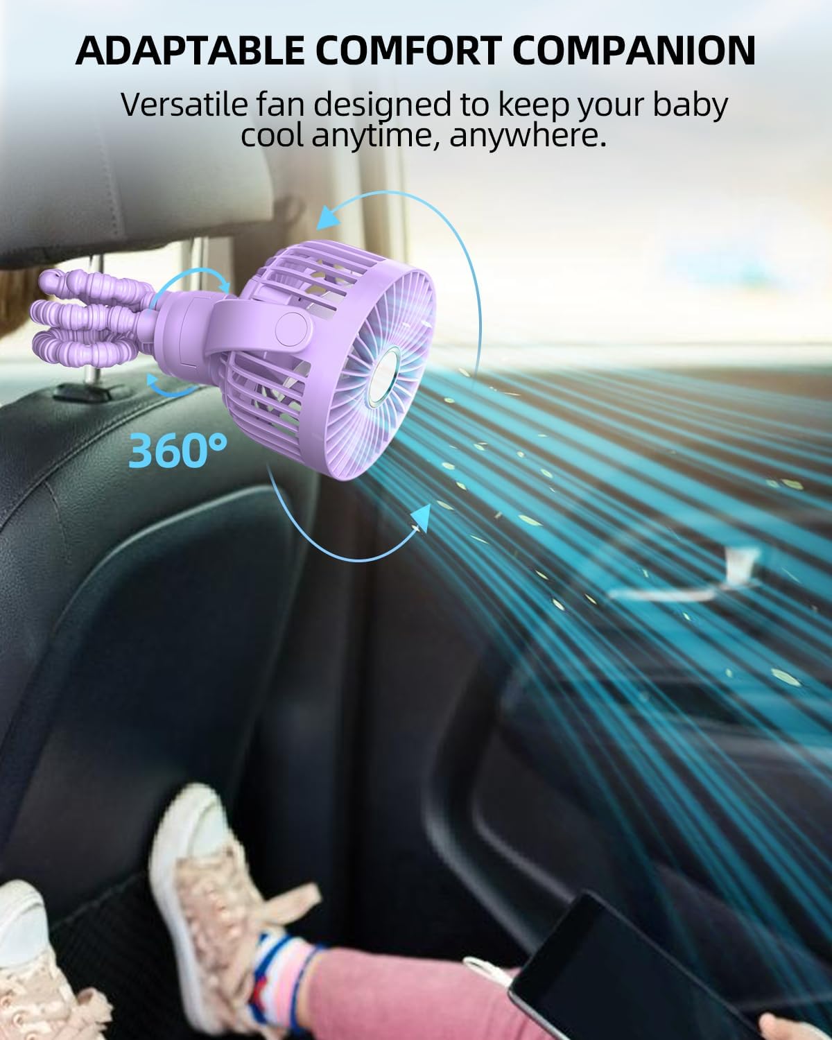 Mini kinderwagenventilator | draagbare oplaadbare reisventilator met 360° rotatie & 3 snelheden
