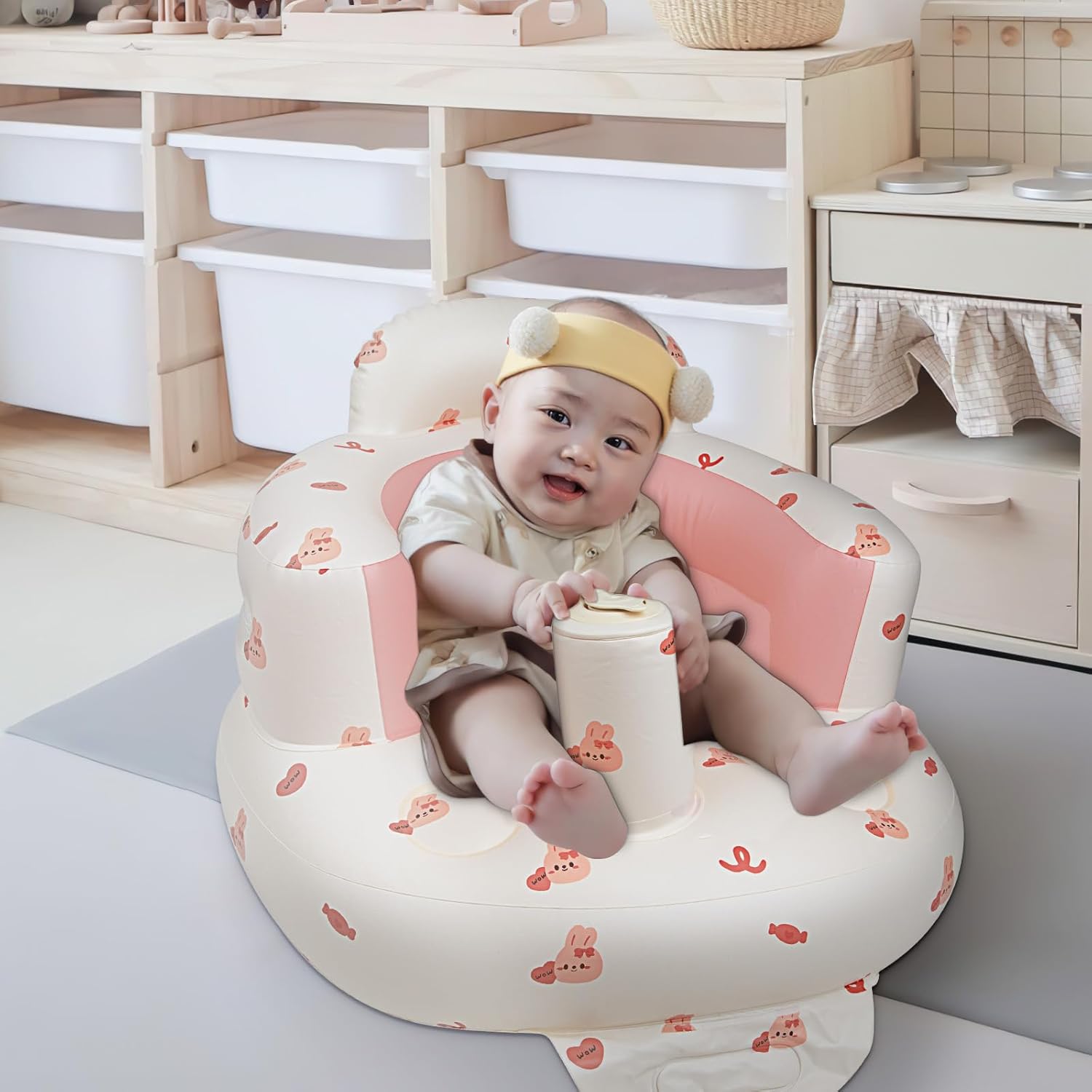 Opblaasbaar babyzitje voor baby's vanaf 3 maanden l met ingebouwde luchtpomp - Beer Patroon