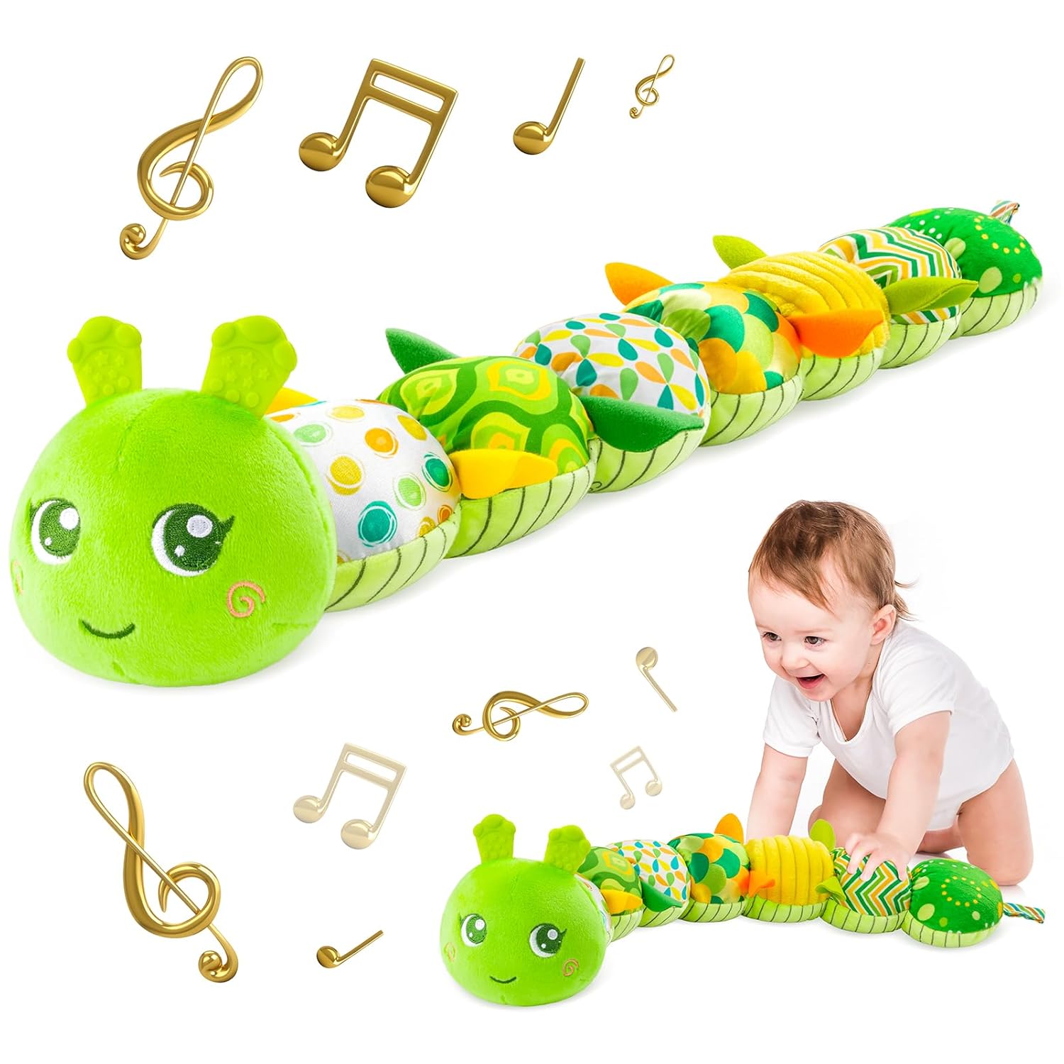 Pluche Musicale Rups voor Baby's | Multi-Sensorisch Activiteit Speelgoed met Kraakgeluiden, Rammelaar en Texturen - Speelmat voor 0-3-6-12 Maanden