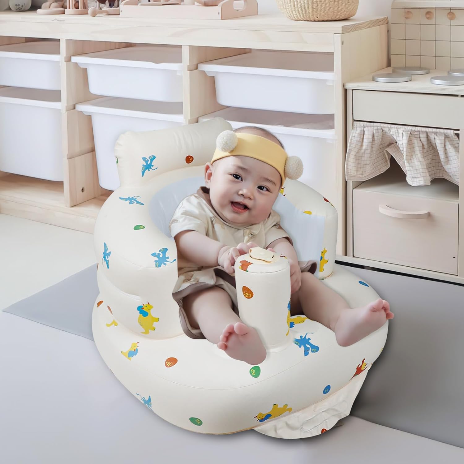 Opblaasbaar babyzitje voor baby's vanaf 3 maanden l met ingebouwde luchtpomp - Beer Patroon