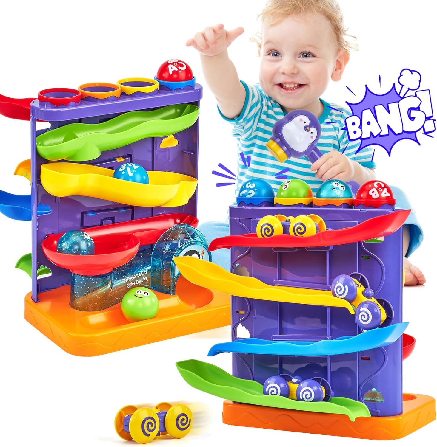 2-in-1 Hamerbal & Auto-Ramp Speelgoed | Montessori Leer Cadeau voor 1-3 Jaar | STEM Ontwikkelingsspeelset