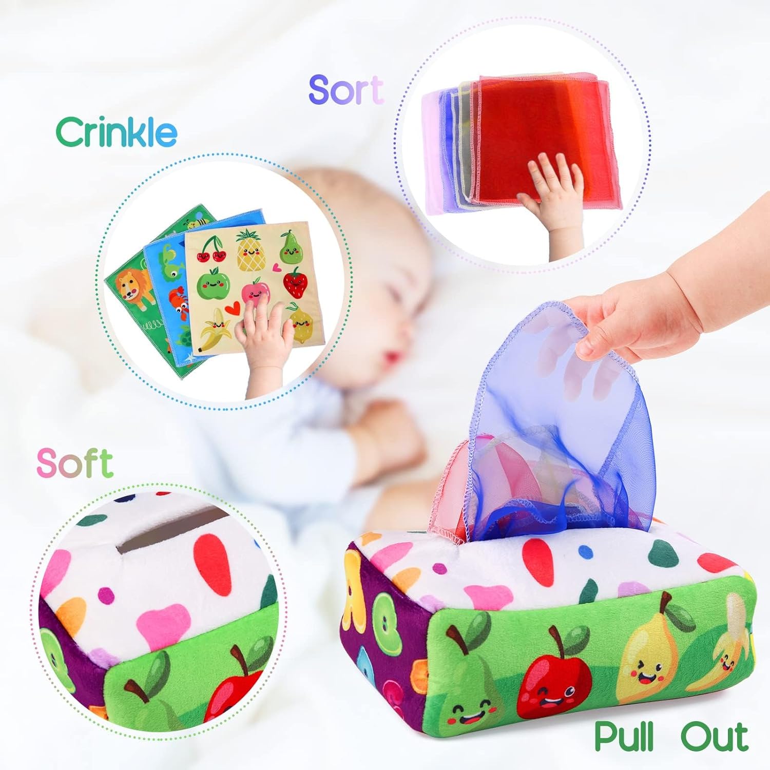 Montessori Tissue Box Speelgoed | Zacht Gevuld Hoog Contrast Krinkel Infant Sensorisch Baby Speelgoed 6 tot 12 Maanden Vroeg Leren Cadeaus