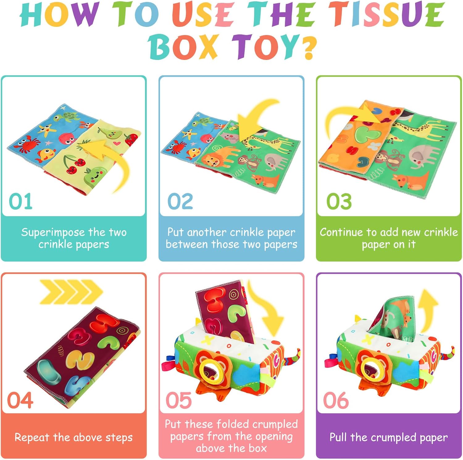 Montessori Tissue Box Speelgoed | Zacht Gevuld Hoog Contrast Krinkel Infant Sensorisch Baby Speelgoed 6 tot 12 Maanden Vroeg Leren Cadeaus
