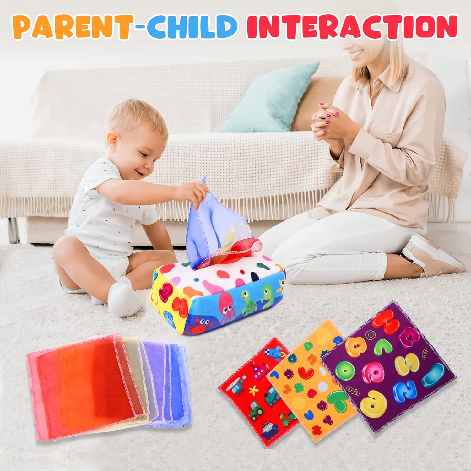 Montessori Tissue Box Speelgoed | Zacht Gevuld Hoog Contrast Krinkel Infant Sensorisch Baby Speelgoed 6 tot 12 Maanden Vroeg Leren Cadeaus