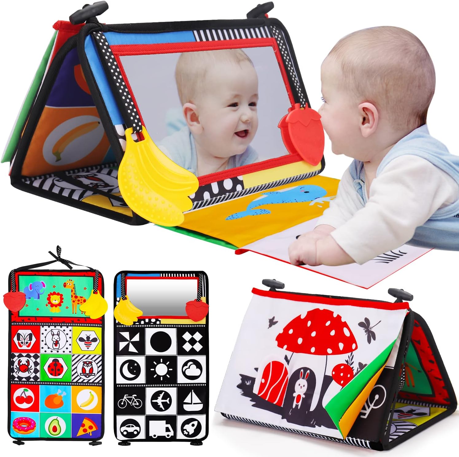 Baby Spiegel Montessori Speelgoed | Knisper Boek en Bijtring Zwart-Wit Hoog Contrast Zintuiglijk Educatief Speelgoed 4-6-9-12 Maanden