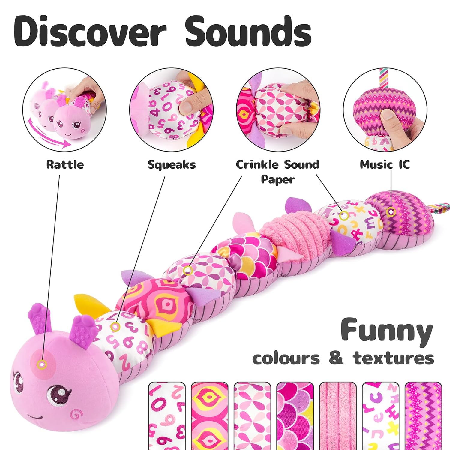 Pluche Musicale Rups voor Baby's | Multi-Sensorisch Activiteit Speelgoed met Kraakgeluiden, Rammelaar en Texturen - Speelmat voor 0-3-6-12 Maanden