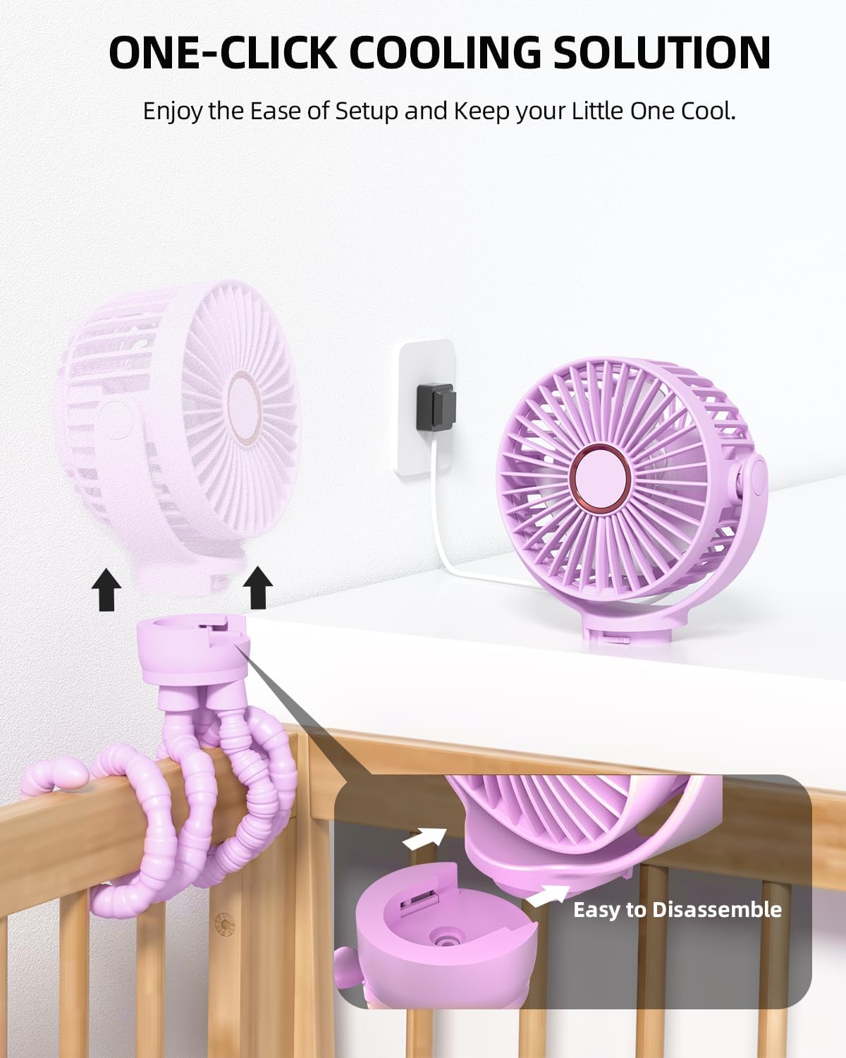 Draagbare kinderwagenventilator|Oplaadbare mini ventilator 360° rotatie 3 snelheden zwart