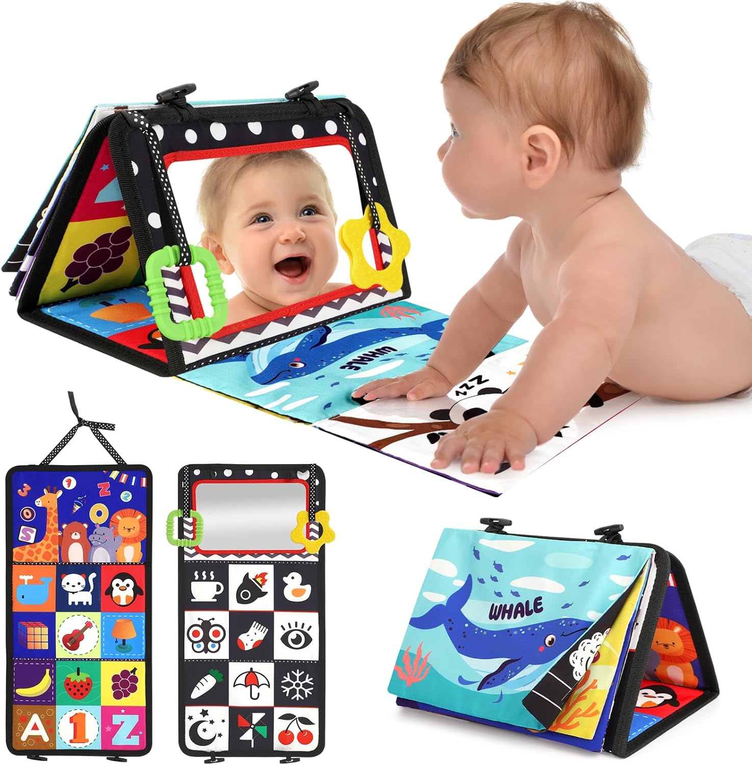 Sensorische Buiktrainer voor Pasgeboren Baby's van 0-12 Maanden - Zwart-Wit Contrast Speelgoed met Spiegel en Knisperboekje voor Jongens en Meisjes - Montessori Kraamcadeau