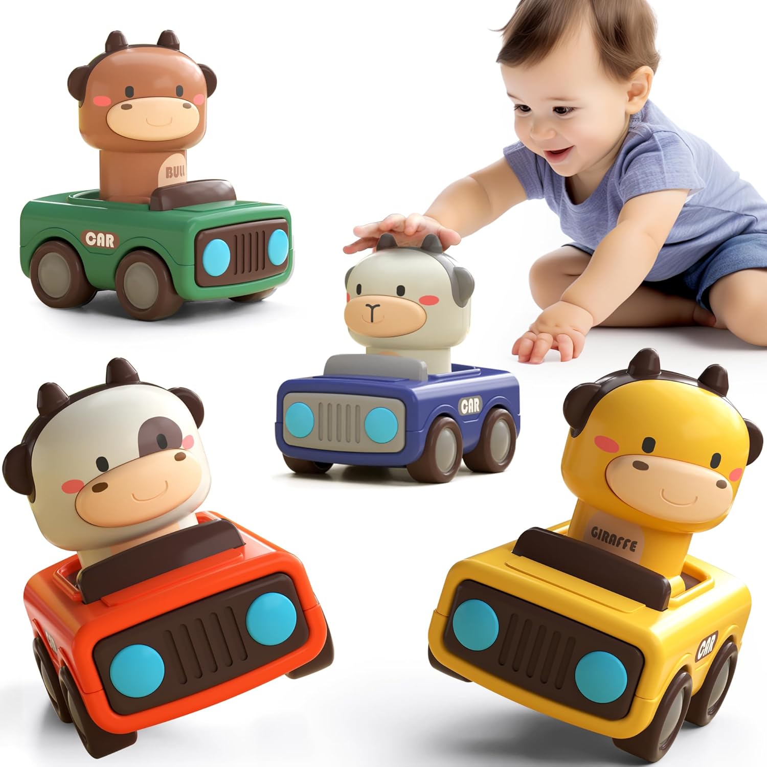 Druk en Ga Auto Speelgoed | Dieren Raceauto’s Frictie Voertuigen Speelset voor Baby’s van 6-9-12-18 Maanden