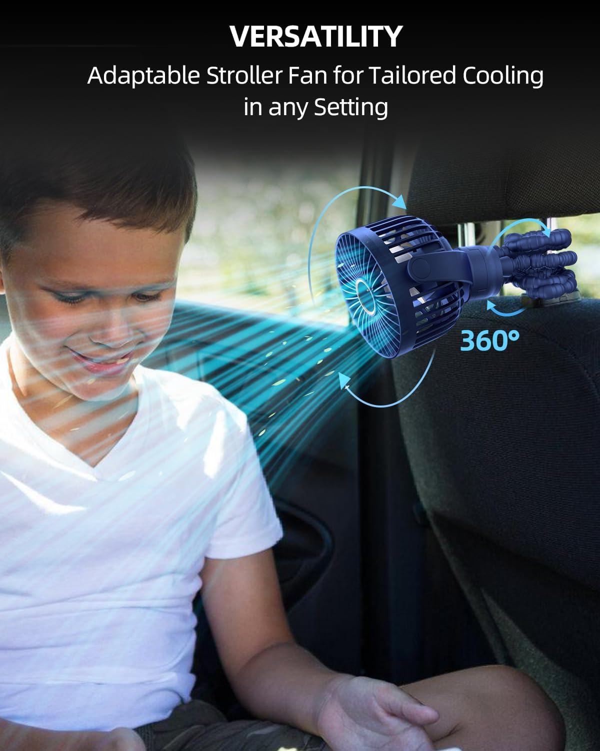 Draagbare kinderwagenventilator|Oplaadbare mini ventilator 360° rotatie 3 snelheden zwart