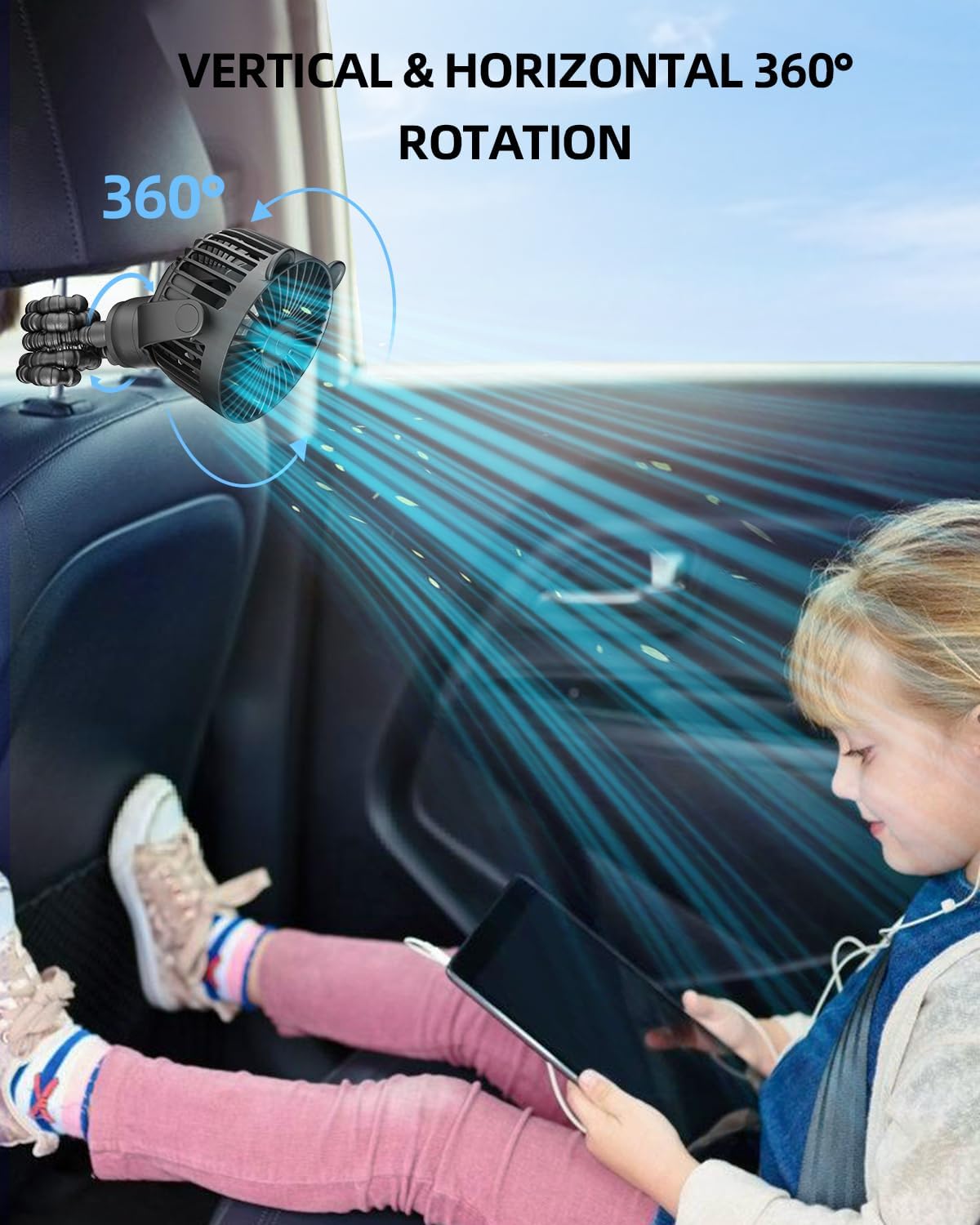 Draagbare kinderwagenventilator|Oplaadbare mini ventilator 360° rotatie 3 snelheden zwart