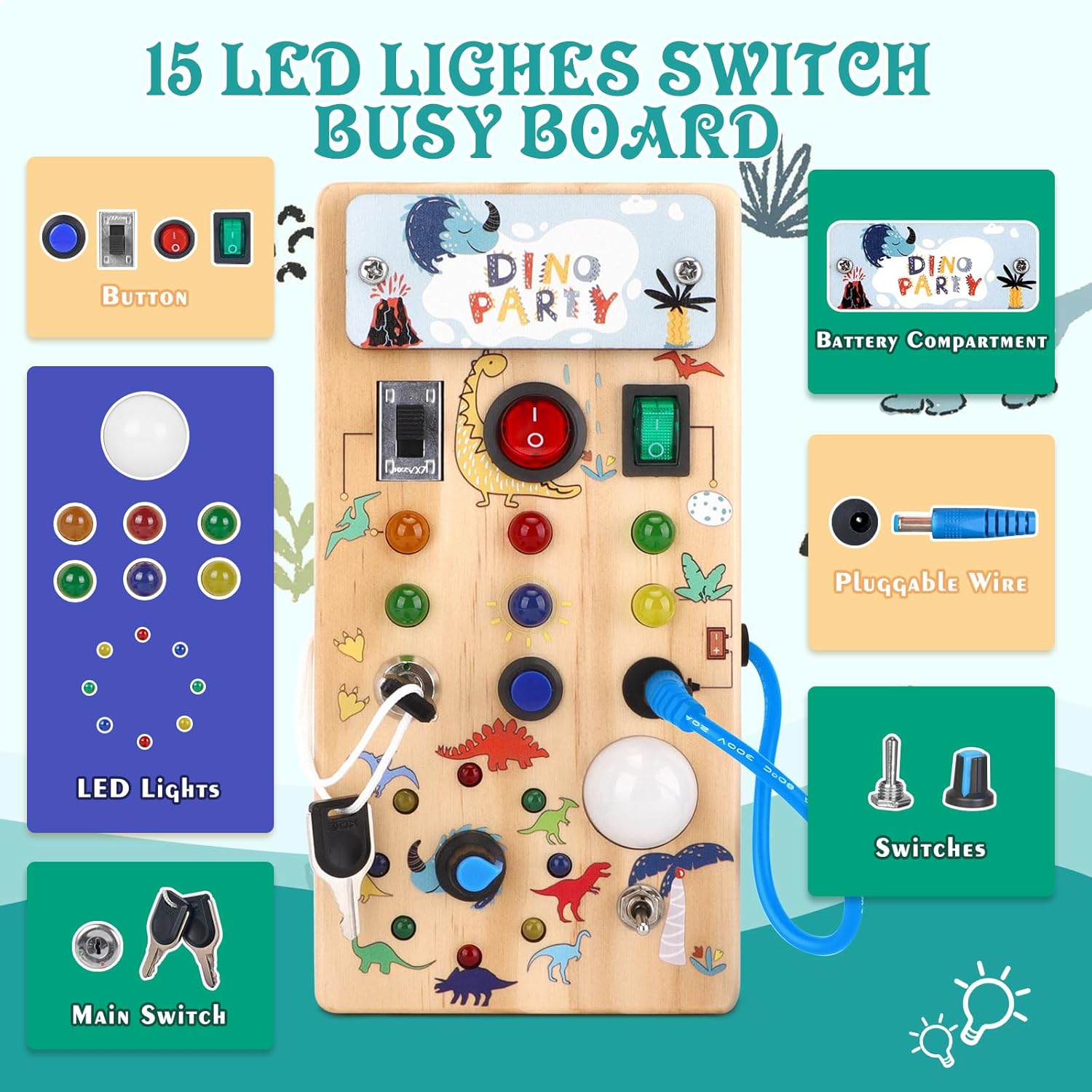 Houten Montessori Busy Board voor Peuters vanaf 1 Jaar - Educatief Activiteitenbord met LED Lichtjes en Schakelaars voor Baby, Jongens en Meisjes - Sensorisch Reisspeelgoed voor Kinderen