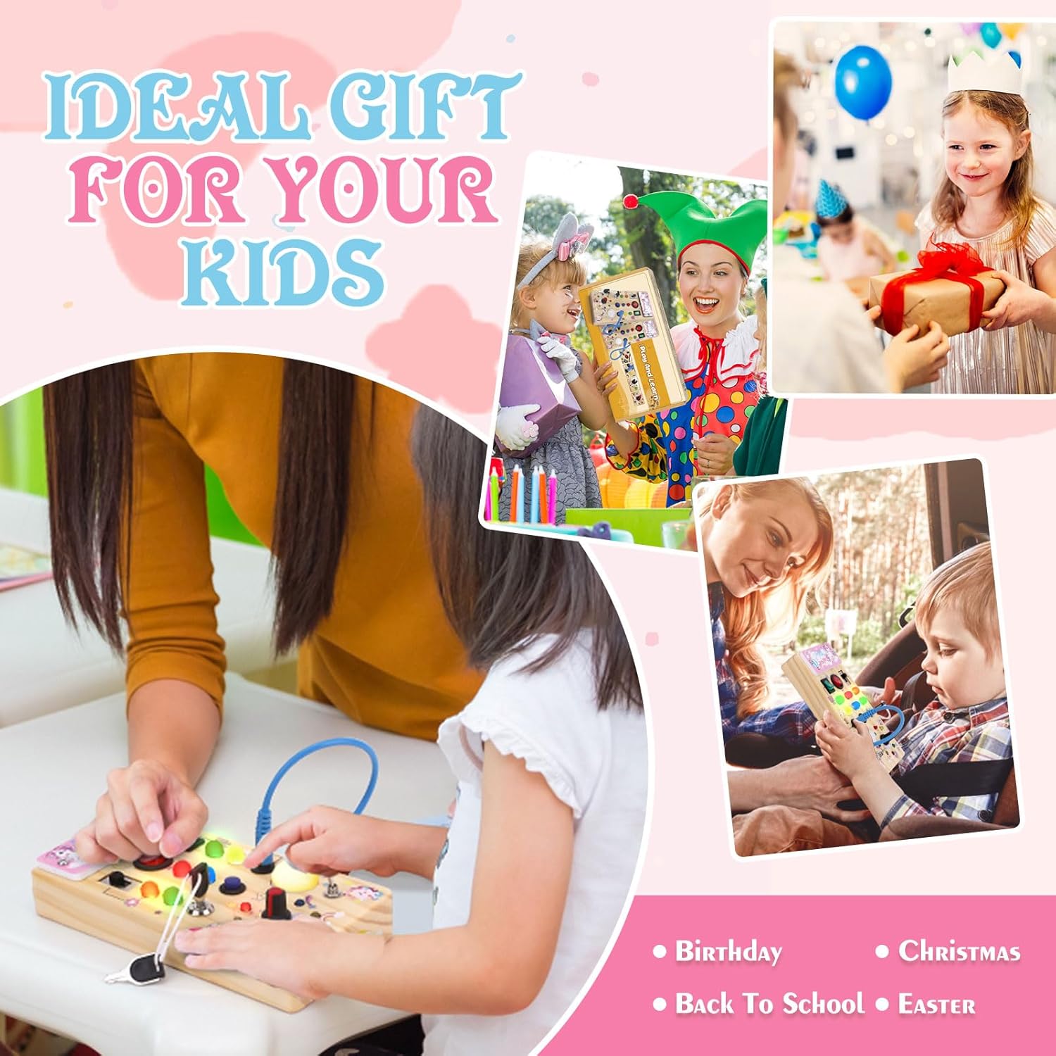 Houten Montessori Busy Board voor Peuters vanaf 1 Jaar - Educatief Activiteitenbord met LED Lichtjes en Schakelaars voor Baby, Jongens en Meisjes - Sensorisch Reisspeelgoed voor Kinderen