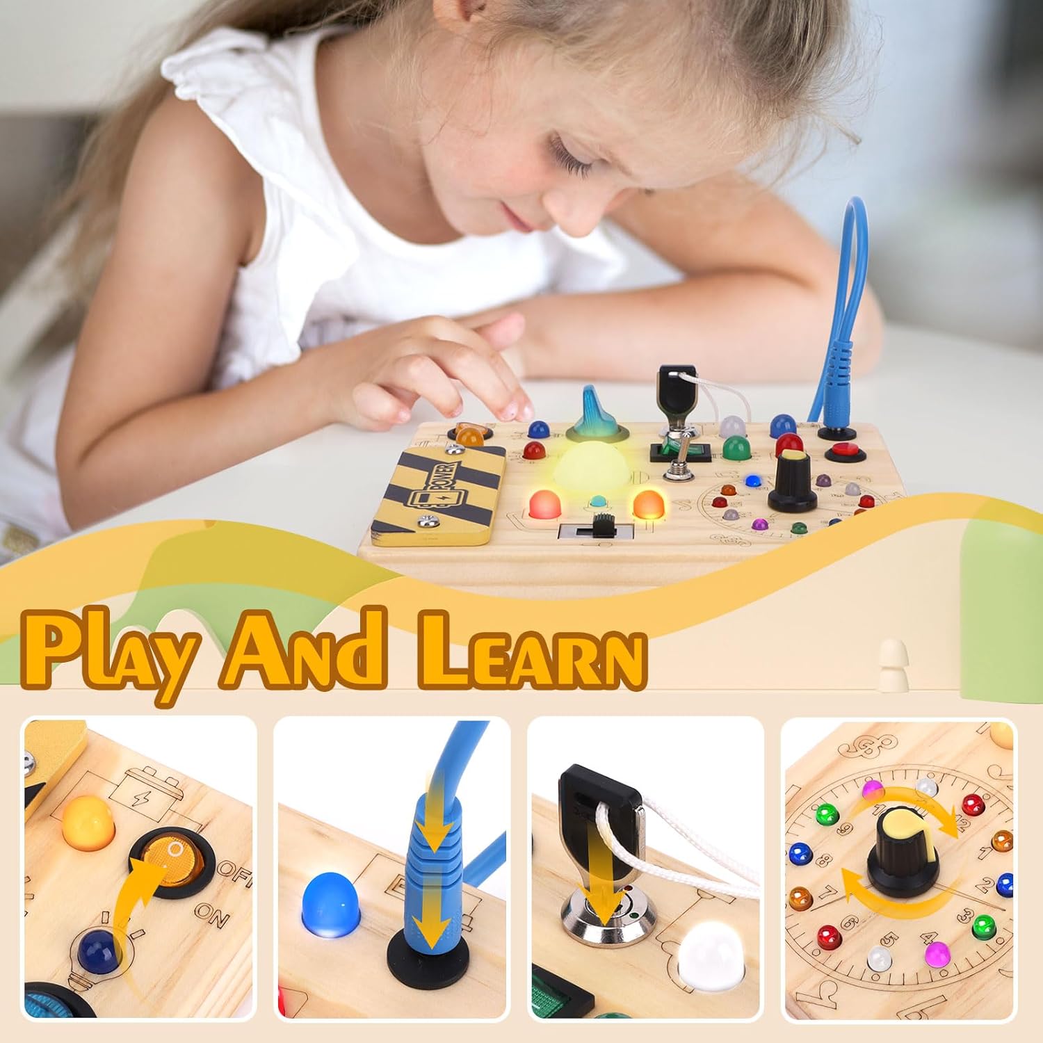 Houten Montessori Busy Board voor Peuters vanaf 1 Jaar - Educatief Activiteitenbord met LED Lichtjes en Schakelaars voor Baby, Jongens en Meisjes - Sensorisch Reisspeelgoed voor Kinderen